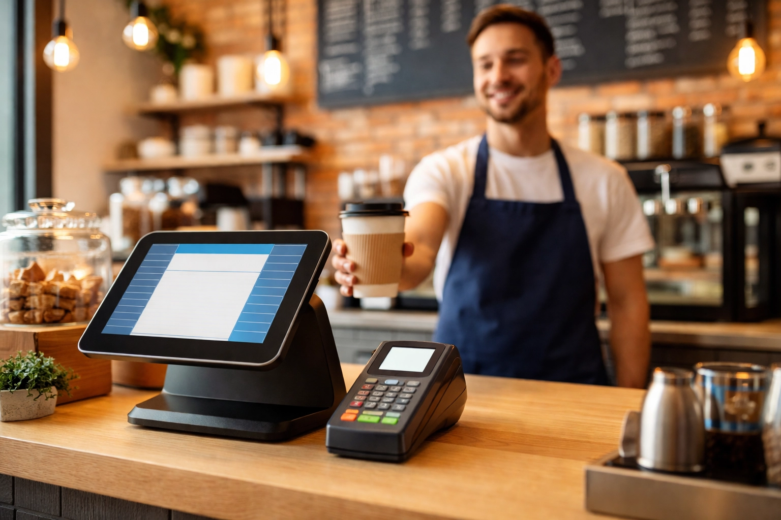Barista using modern POS system at UK café counter for efficient retail transactions