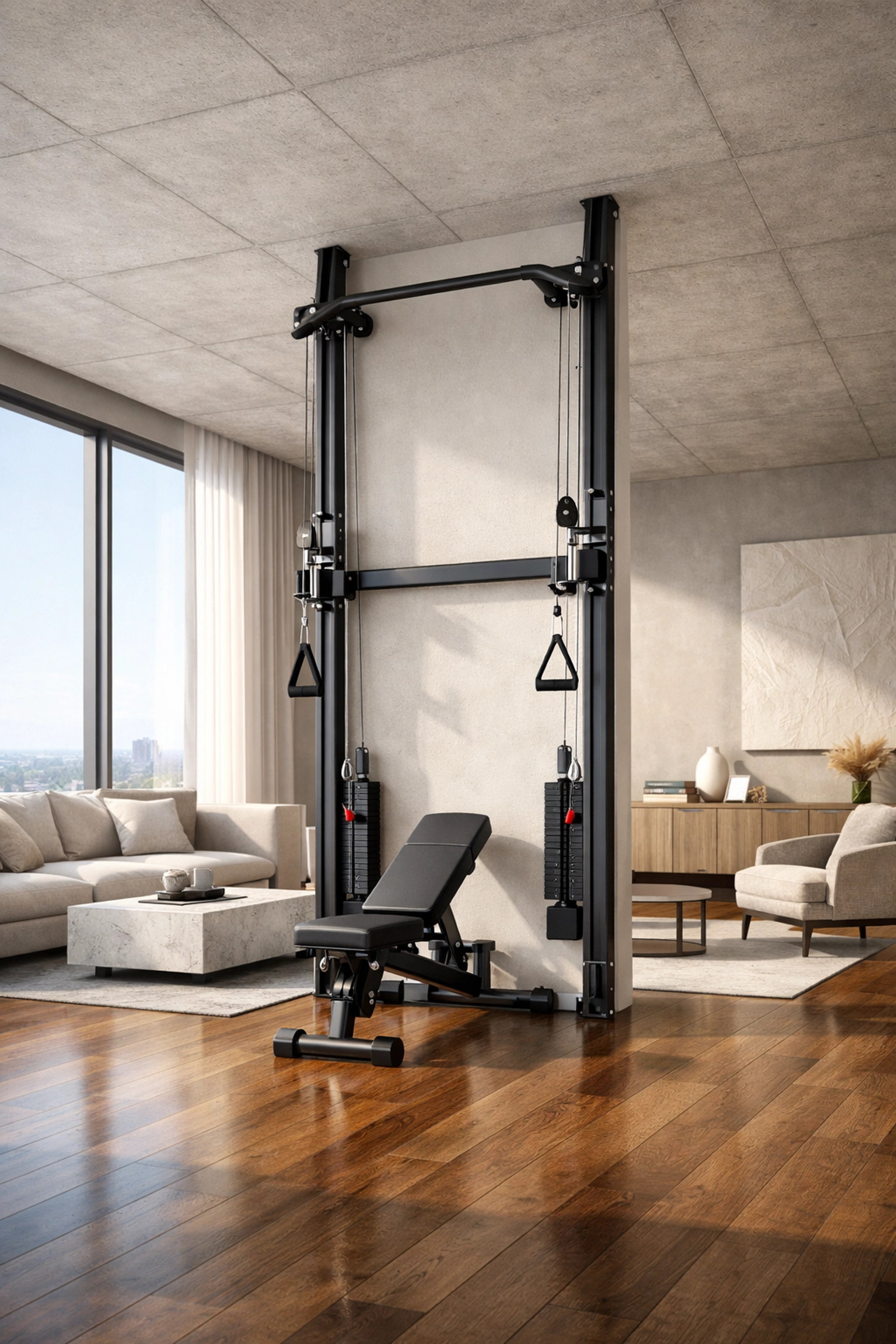 A floor to ceiling gym system in a minimalist apartment showing a no wall damage workout setup.