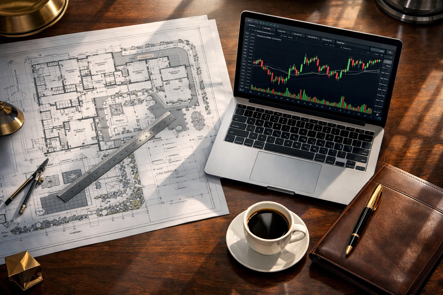 Institutional investment desk showing real estate blueprints and cryptocurrency trading charts