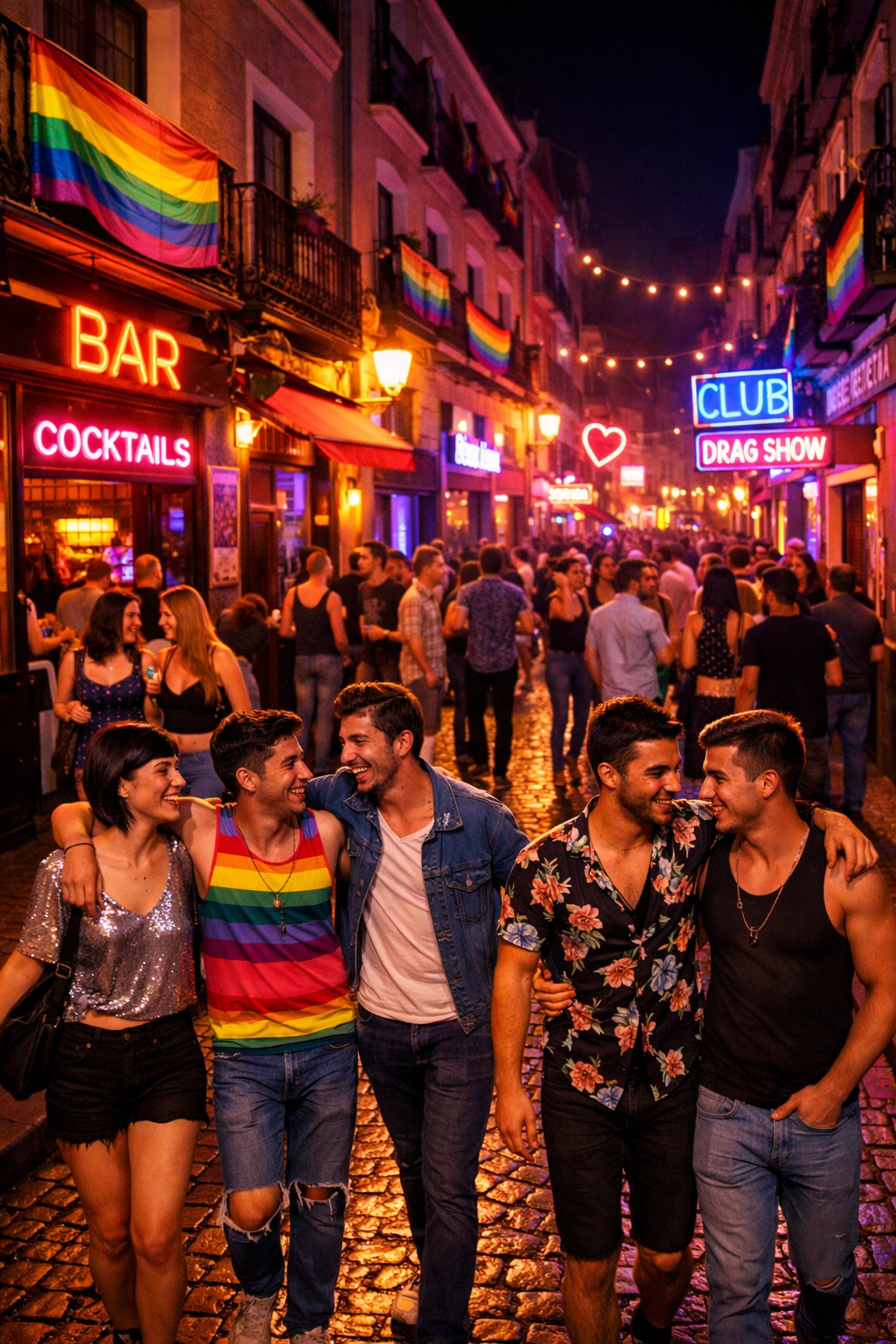 Chueca gay district Madrid nightlife with rainbow flags and bustling bars