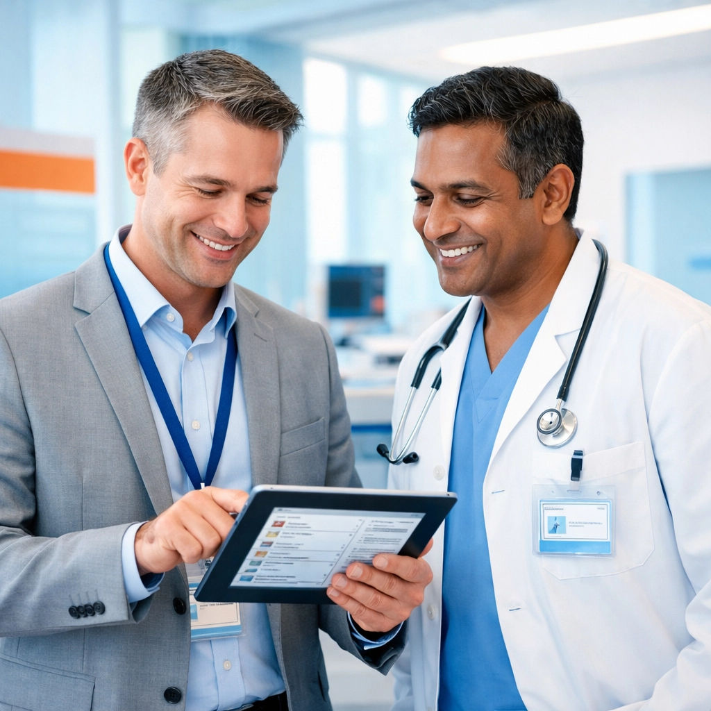 Healthcare administrator and physician using technology for efficient staffing in a modern rural hospital.