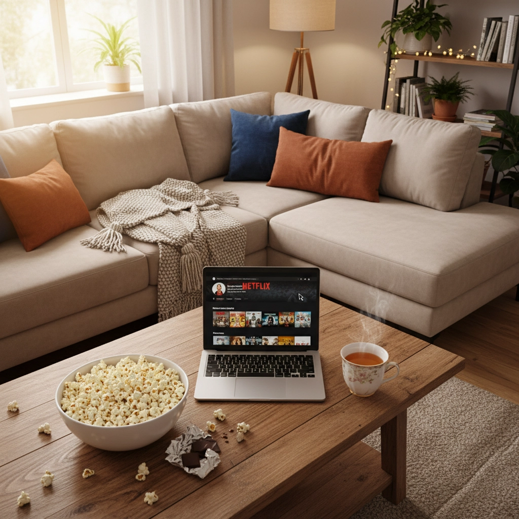 Watching Netflix on a Laptop in the Lounge at Home