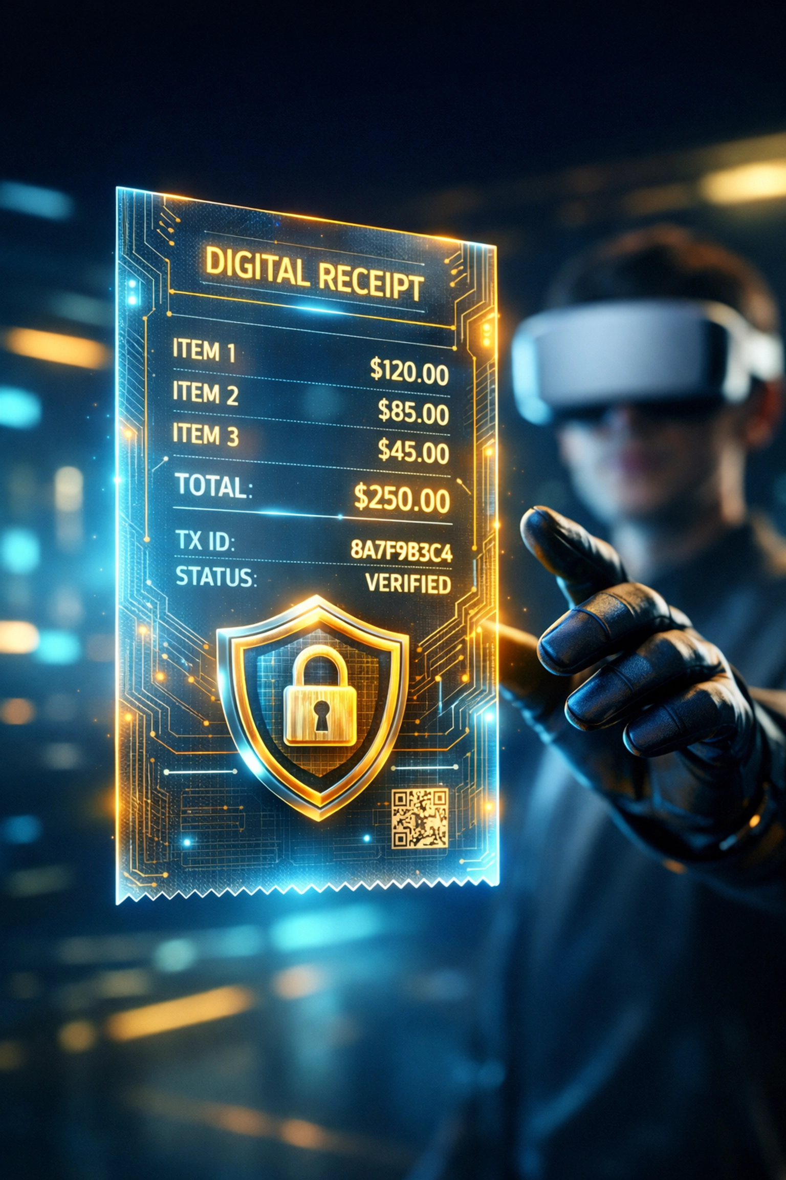Secure blockchain NFT receipt hologram for metaverse shopping and self-custody crypto payments.