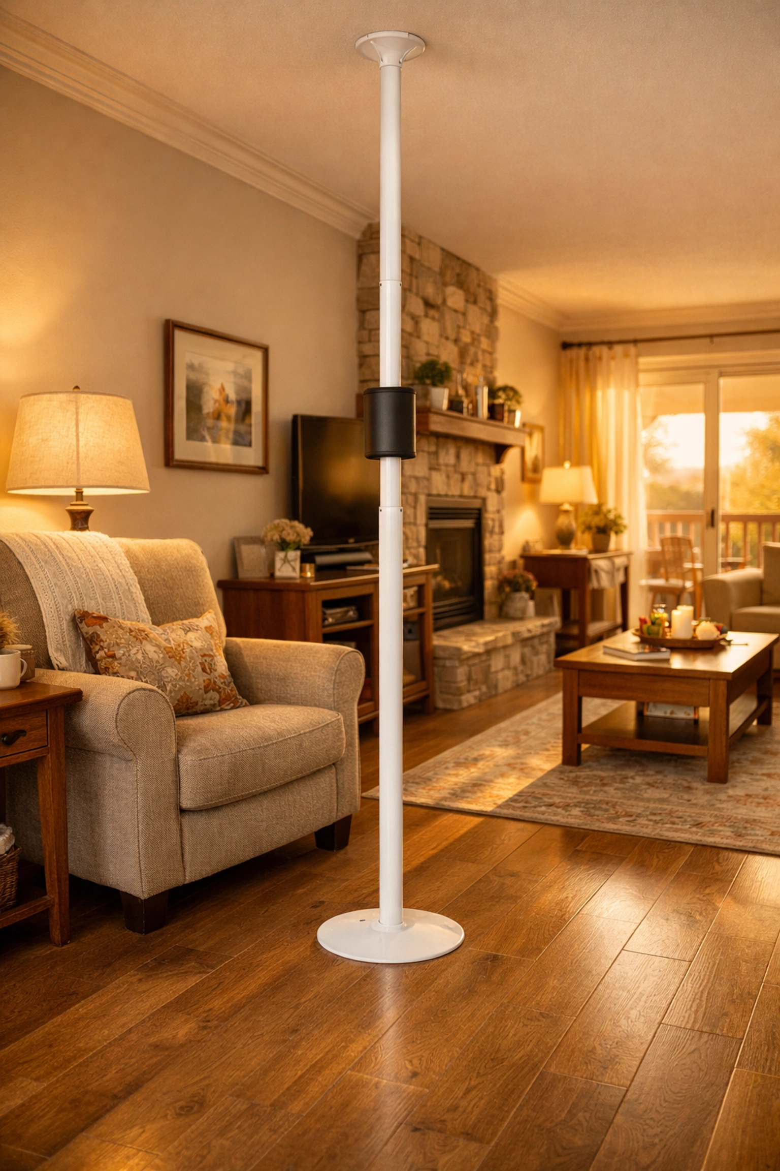 A transfer pole placed in a clear, well-lit living room to assist with senior mobility.