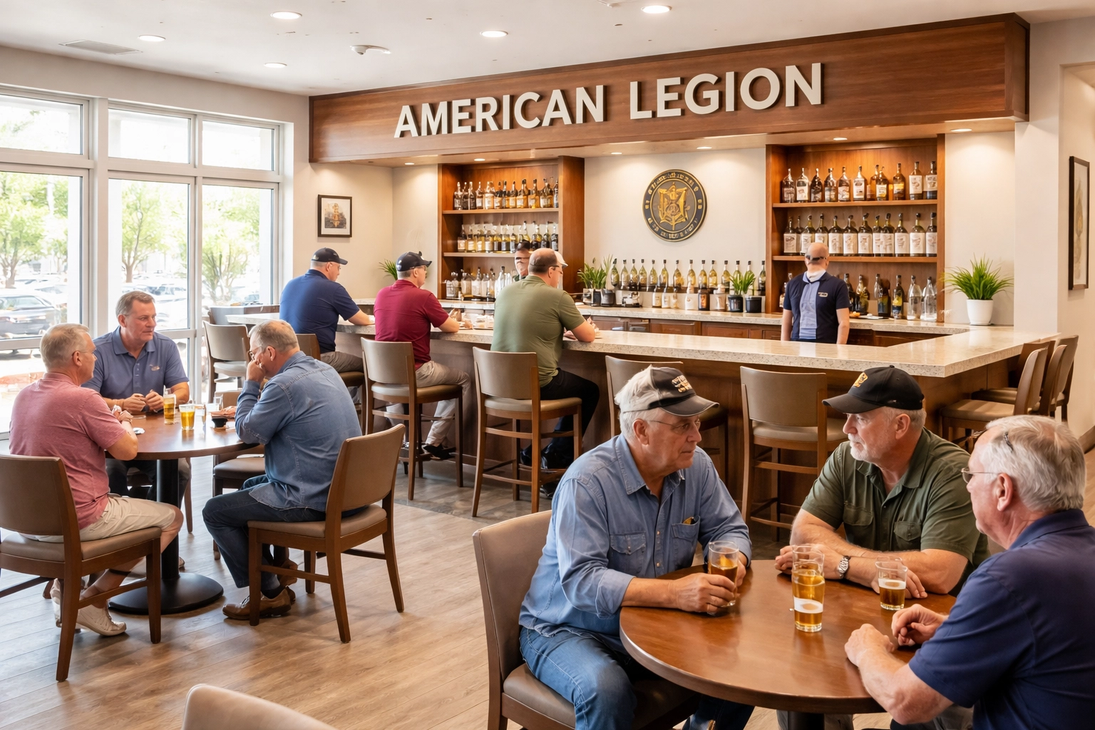 Modern American Legion post interior with veterans socializing at the bar, showcasing vibrant veteran community life.