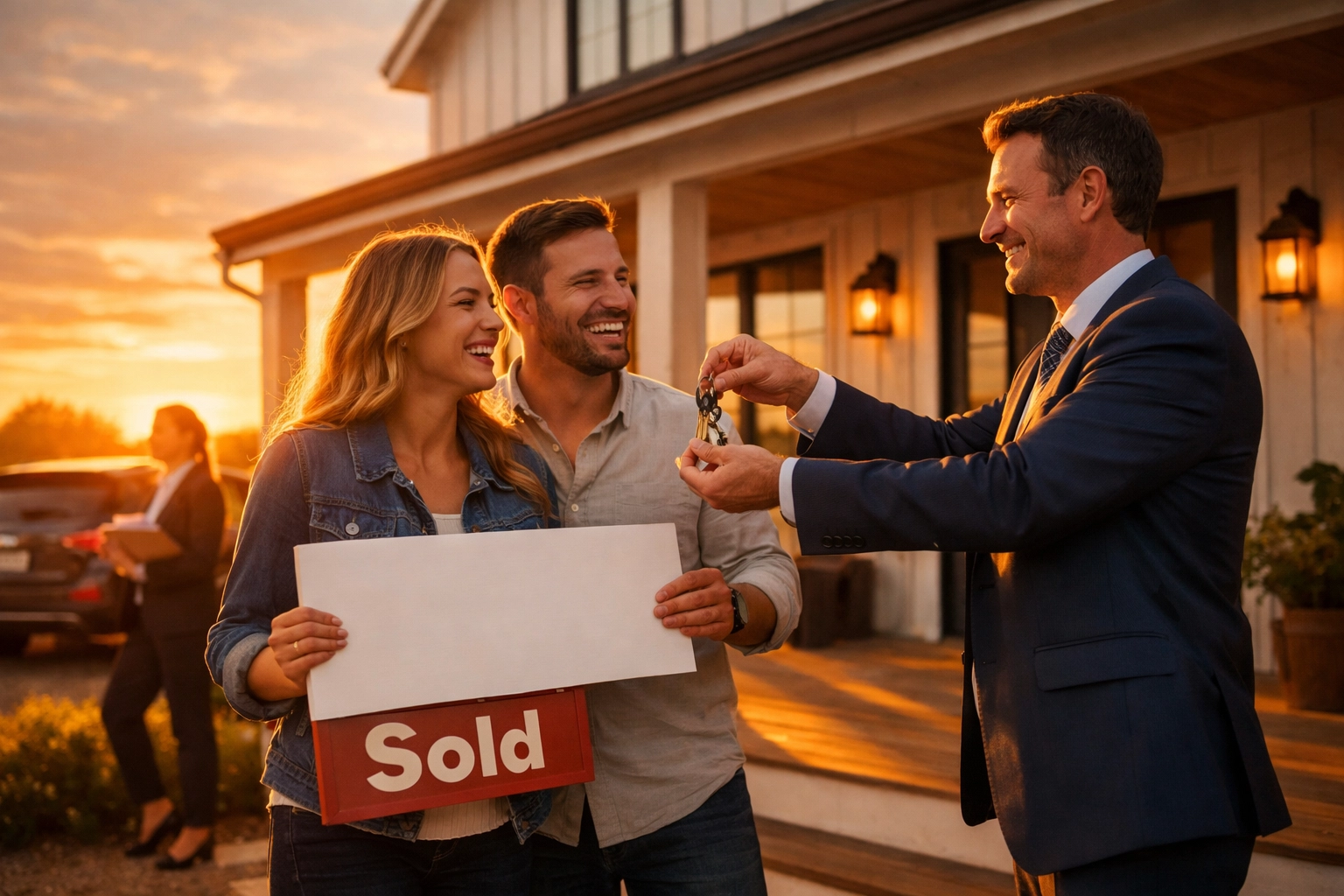Real estate agent handing keys to clients, illustrating successful appointment setting and lead conversion.