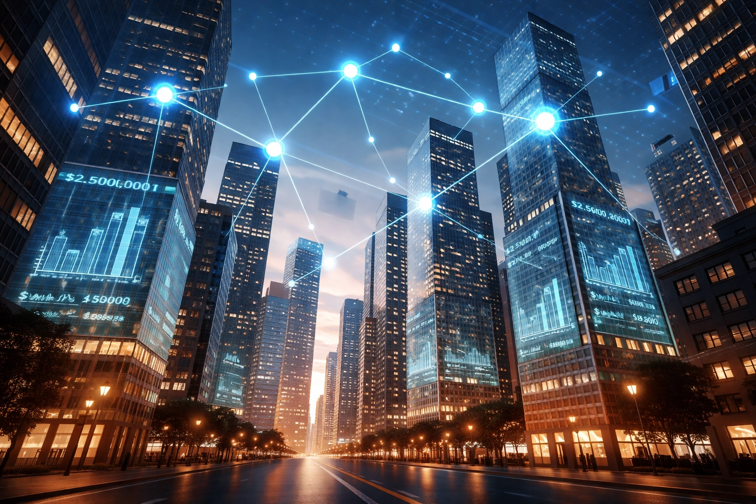 Futuristic city skyline illuminated with blockchain networks, symbolizing institutional crypto and real estate integration in 2026