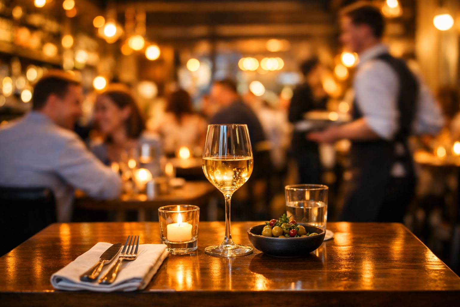 Crowded upscale bistro during dinner service highlighting the need for restaurant funding.
