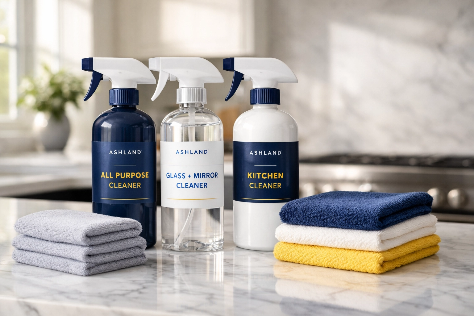 Professional green cleaning supplies on a marble kitchen counter for weekly house cleaning in Ashland.