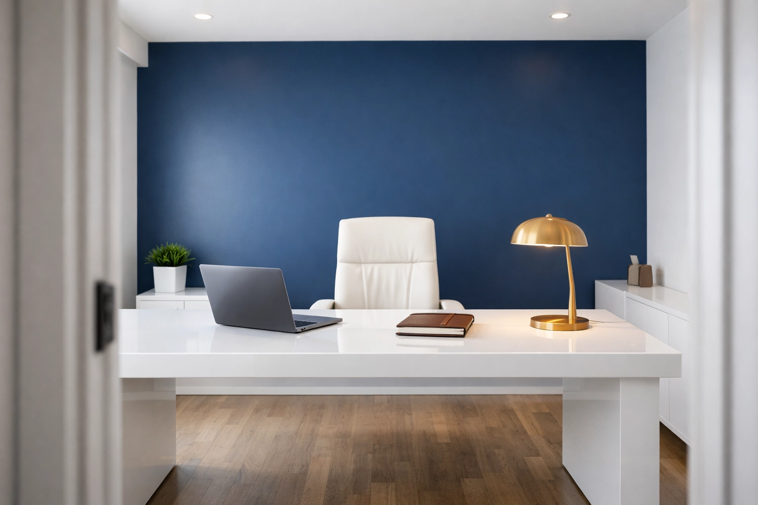 Clutter-free home office with a white desk after a professional apartment cleaning for mental clarity.