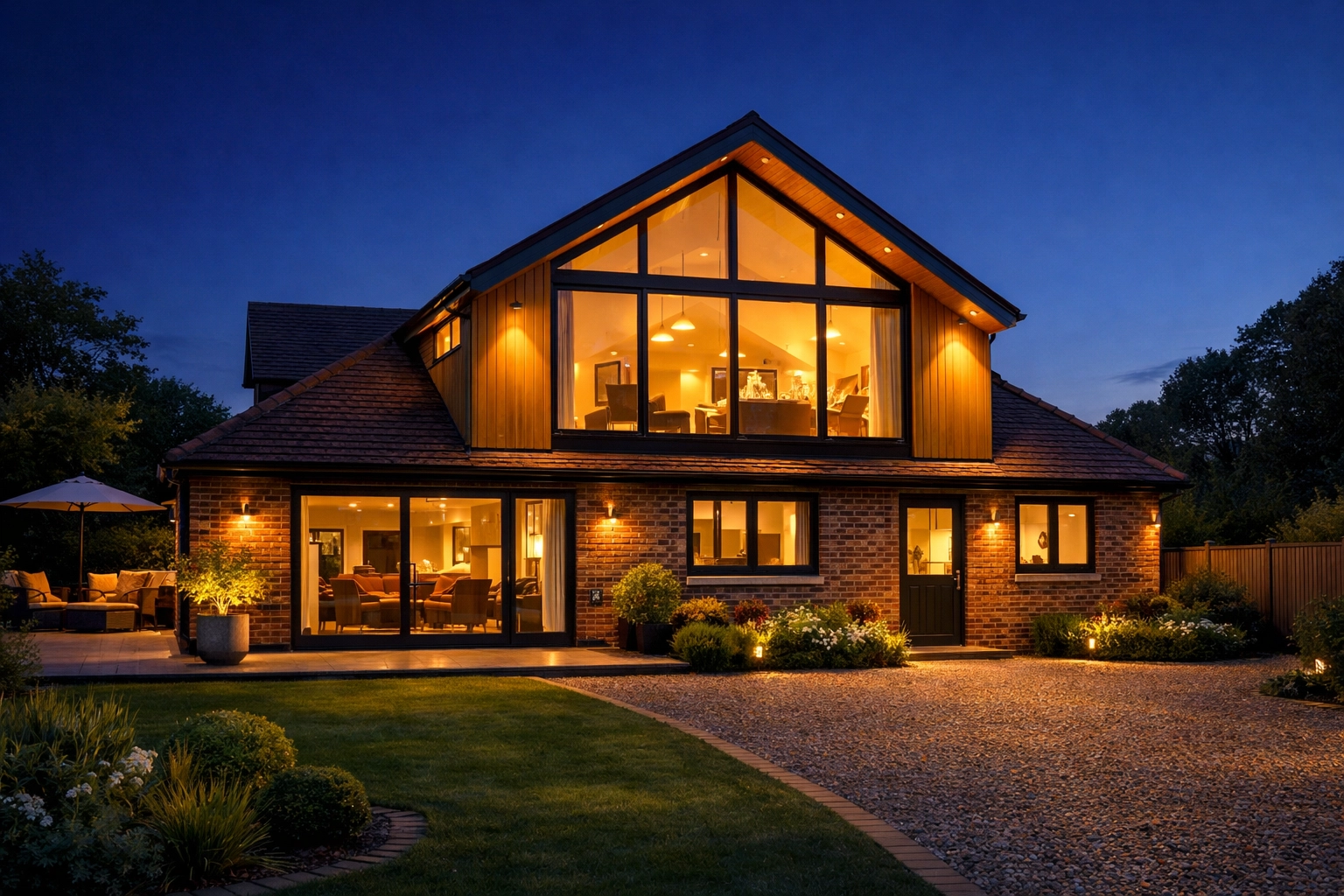 Modern second floor addition on a West Sussex bungalow featuring cedar cladding and stylish architectural lighting.