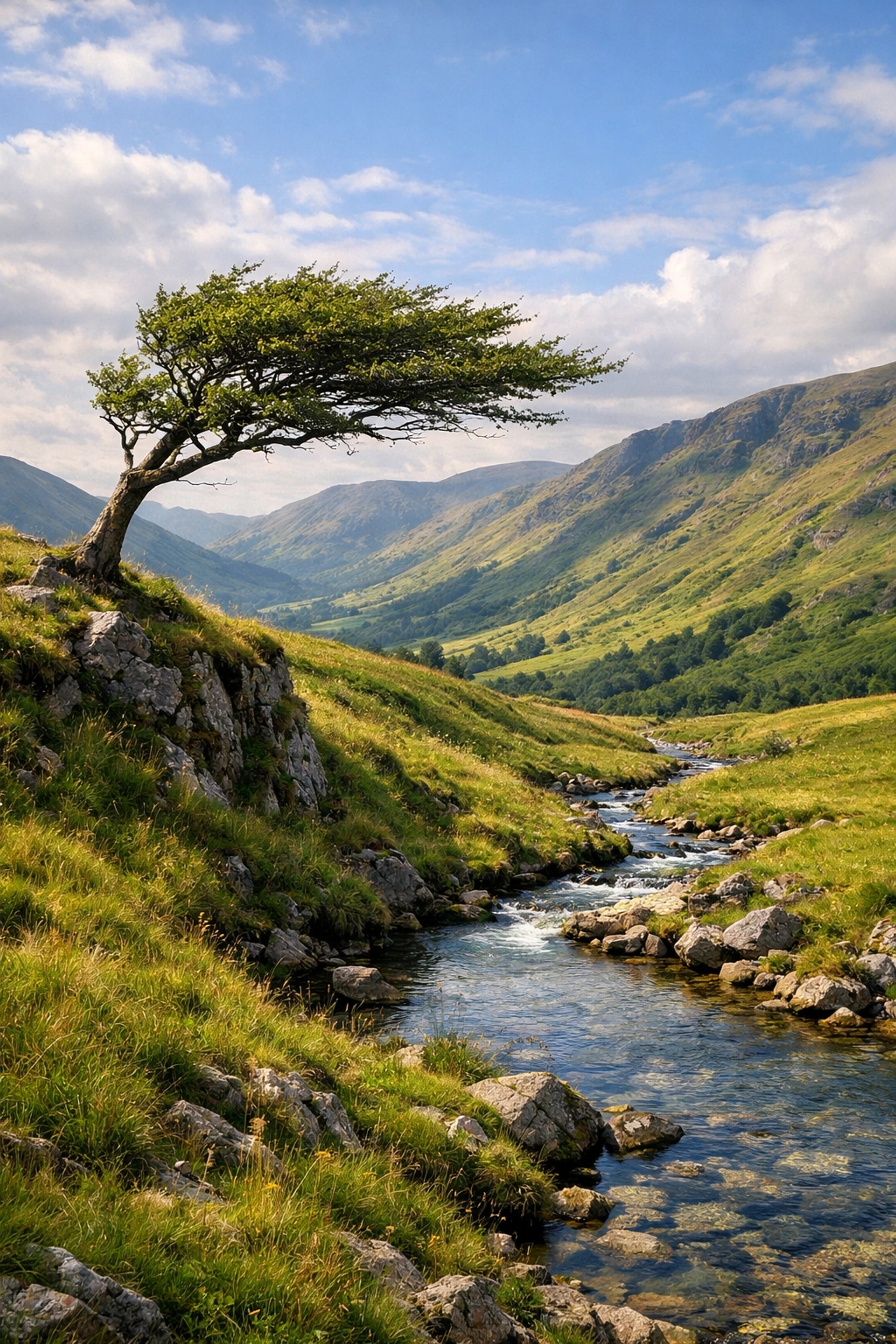 A windswept tree and river in the UK countryside used for natural terrain navigation.