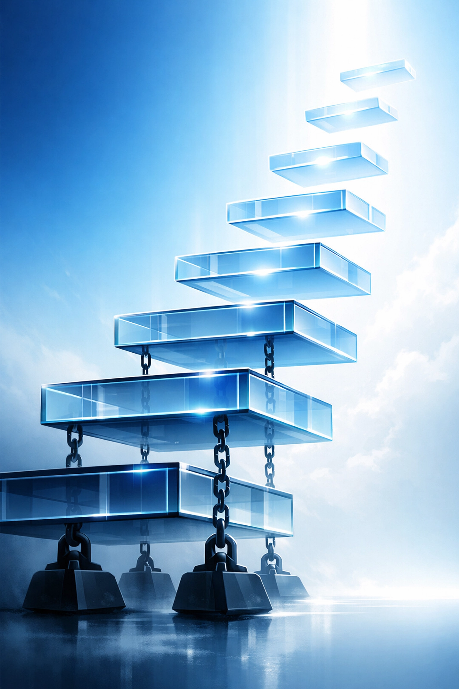 Digital platforms breaking free from anchors symbolizing AI workflow automation and business scaling.