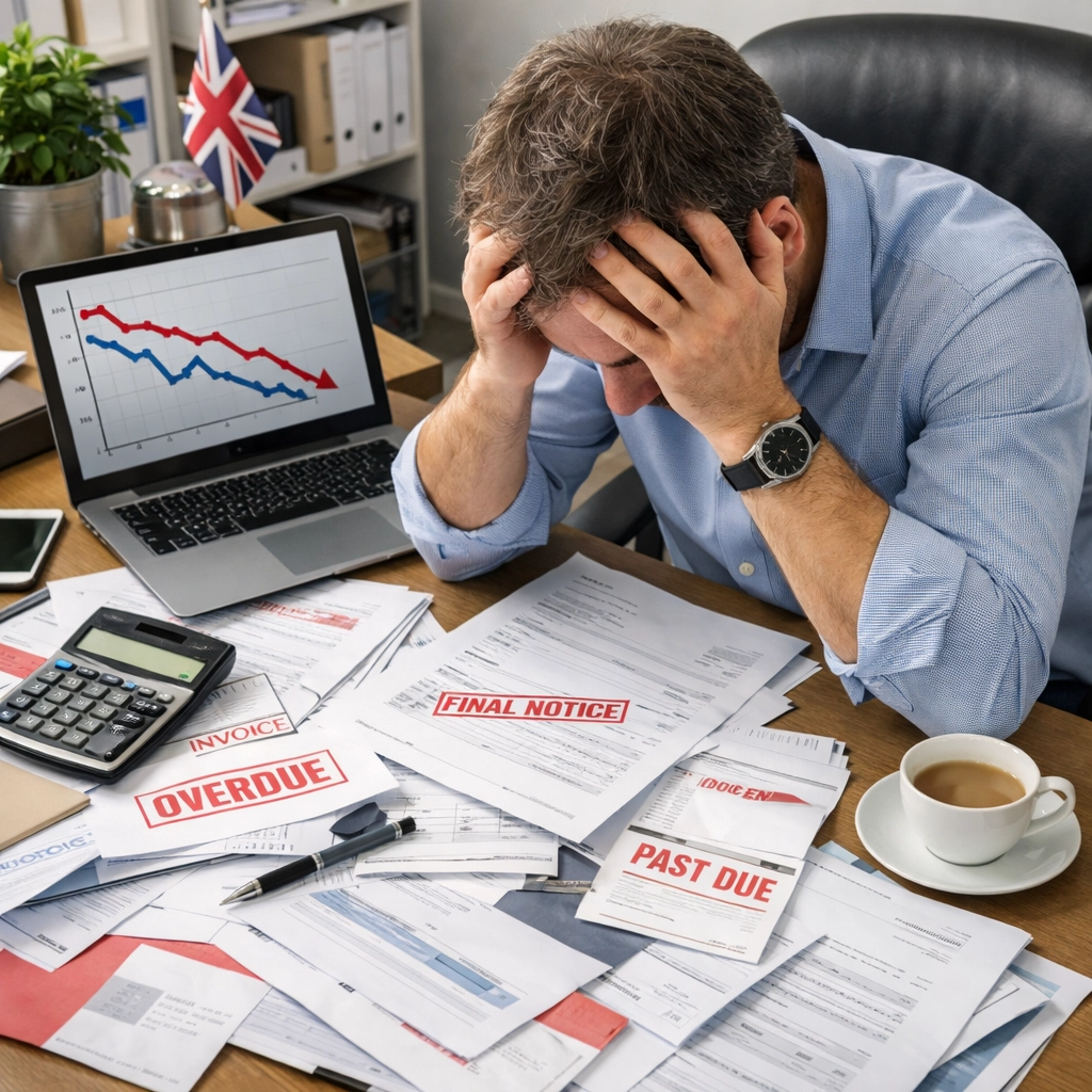 SME business owner stressed over cash flow problems and unpaid invoices at office desk