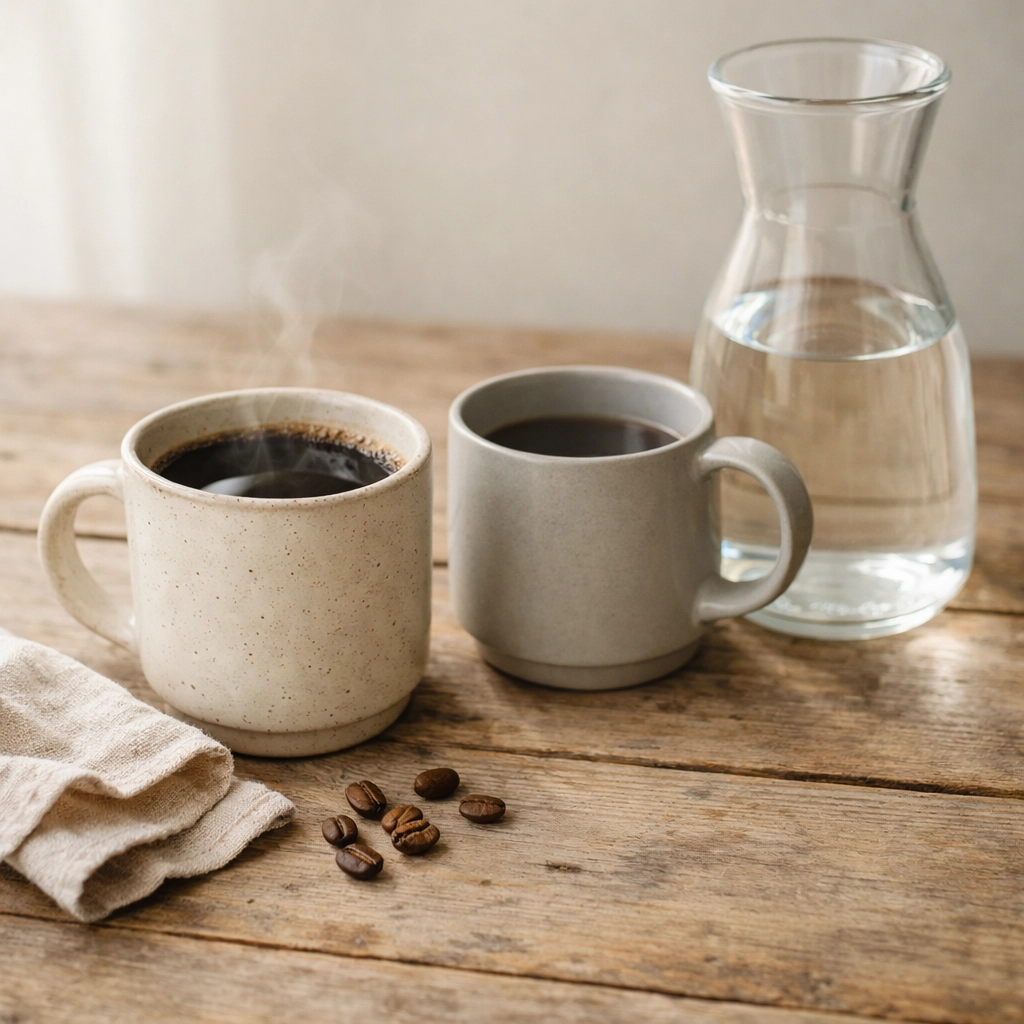 A glass carafe of pure water and steaming mugs of coffee on a rustic wooden table in soft morning light.