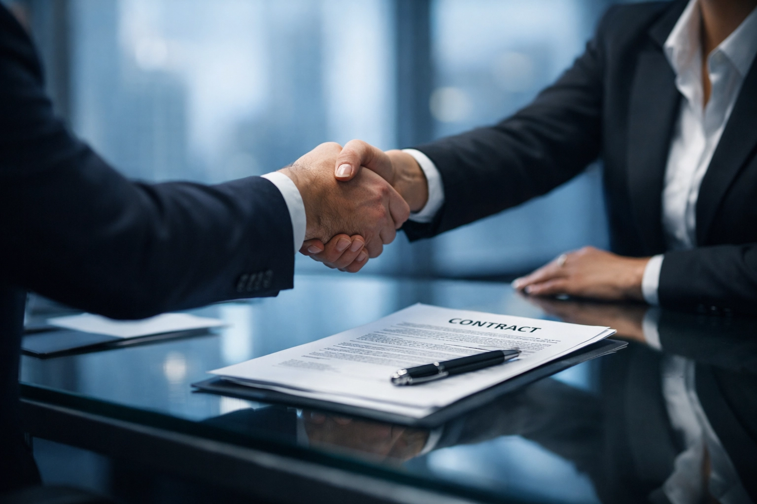 Business broker negotiating deal terms with handshake over contract documents