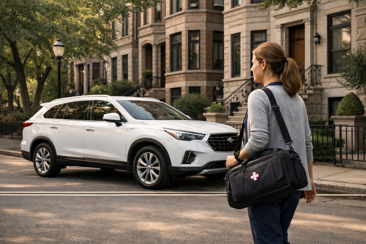Mobile DNA testing vehicle and nurse professional arriving for a home collection appointment in Chicago.