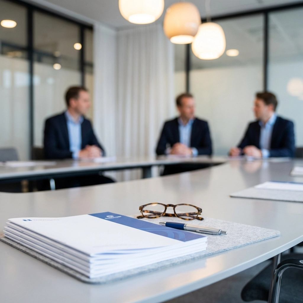 Modern conference table with closing paperwork and professionals, highlighting title agency document preparation in Pennsylvania and New Jersey.