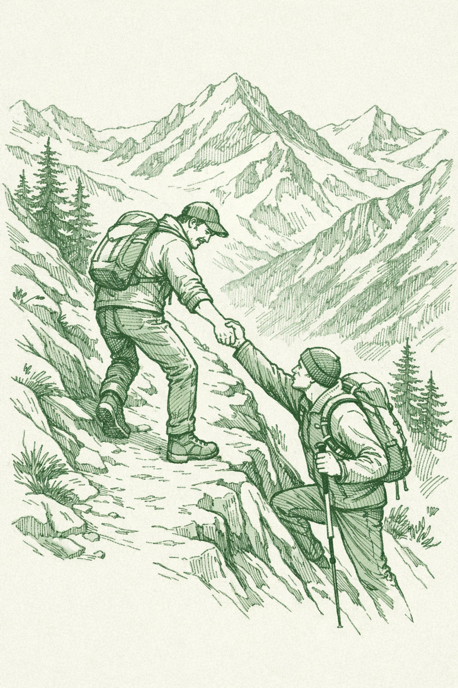 Two men hiking together on Swiss Alpine mountain trail showing connection and support