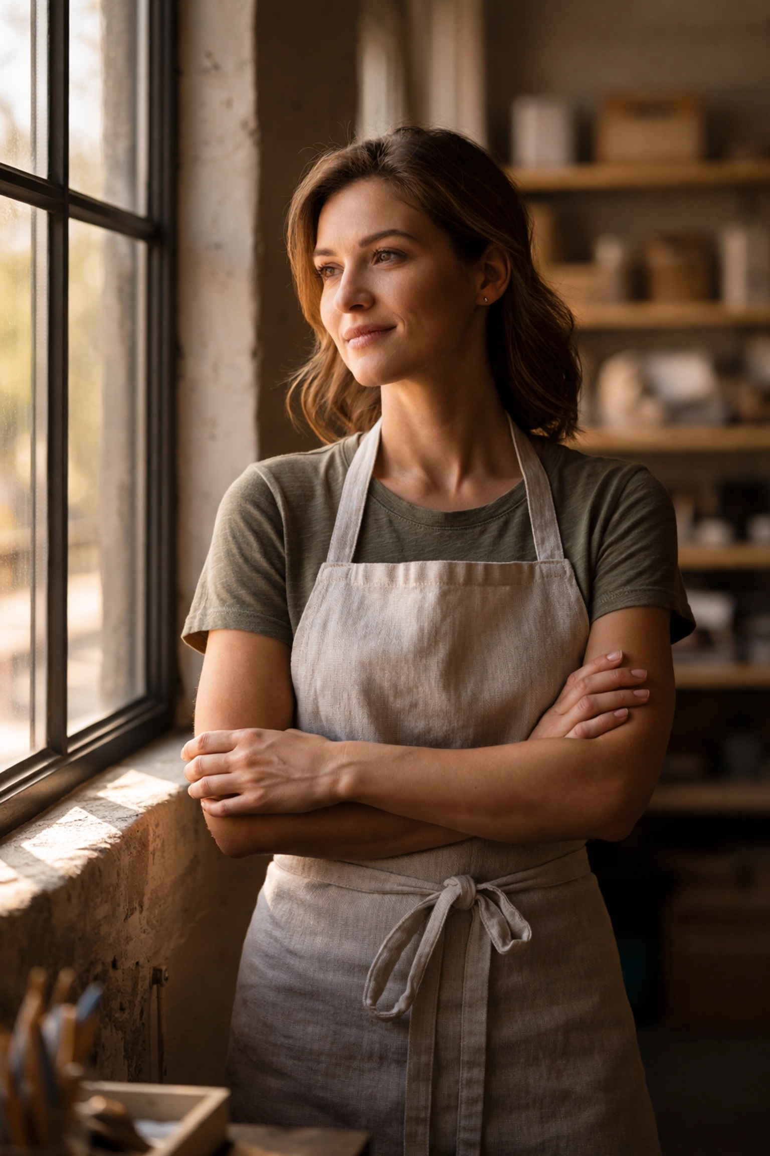 Female small business owner gazing out workshop window, exemplifying strategic reflection in business