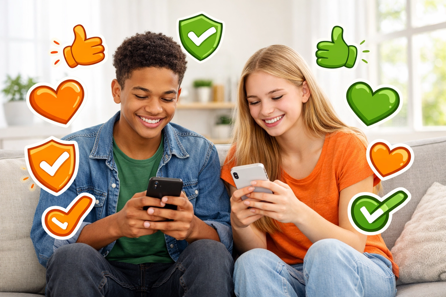 Teenagers using smartphones with healthy digital habits and positive social media practices