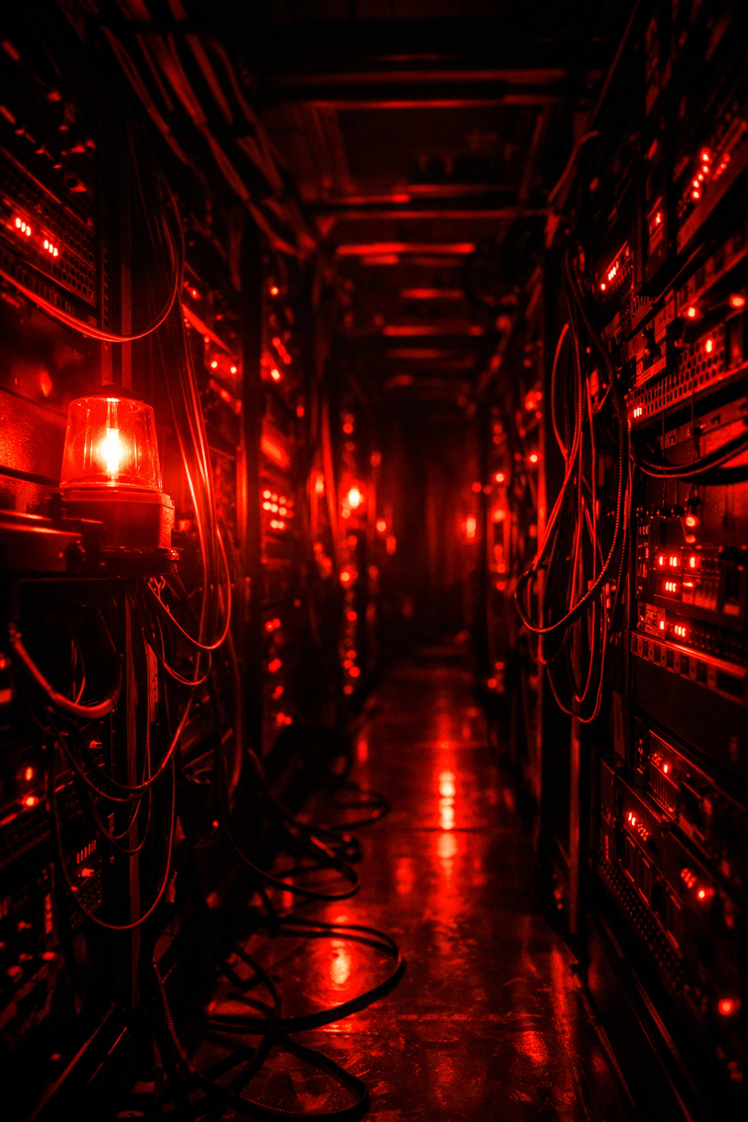 Server room with emergency lights indicating network system crash and downtime