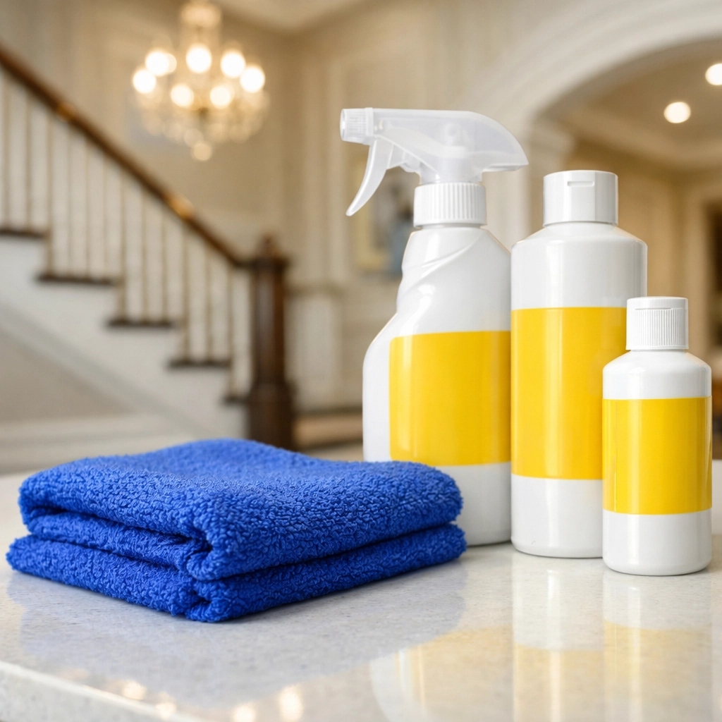 Professional cleaning supplies on a polished quartz surface, showcasing luxury house cleaning in Lynnfield.
