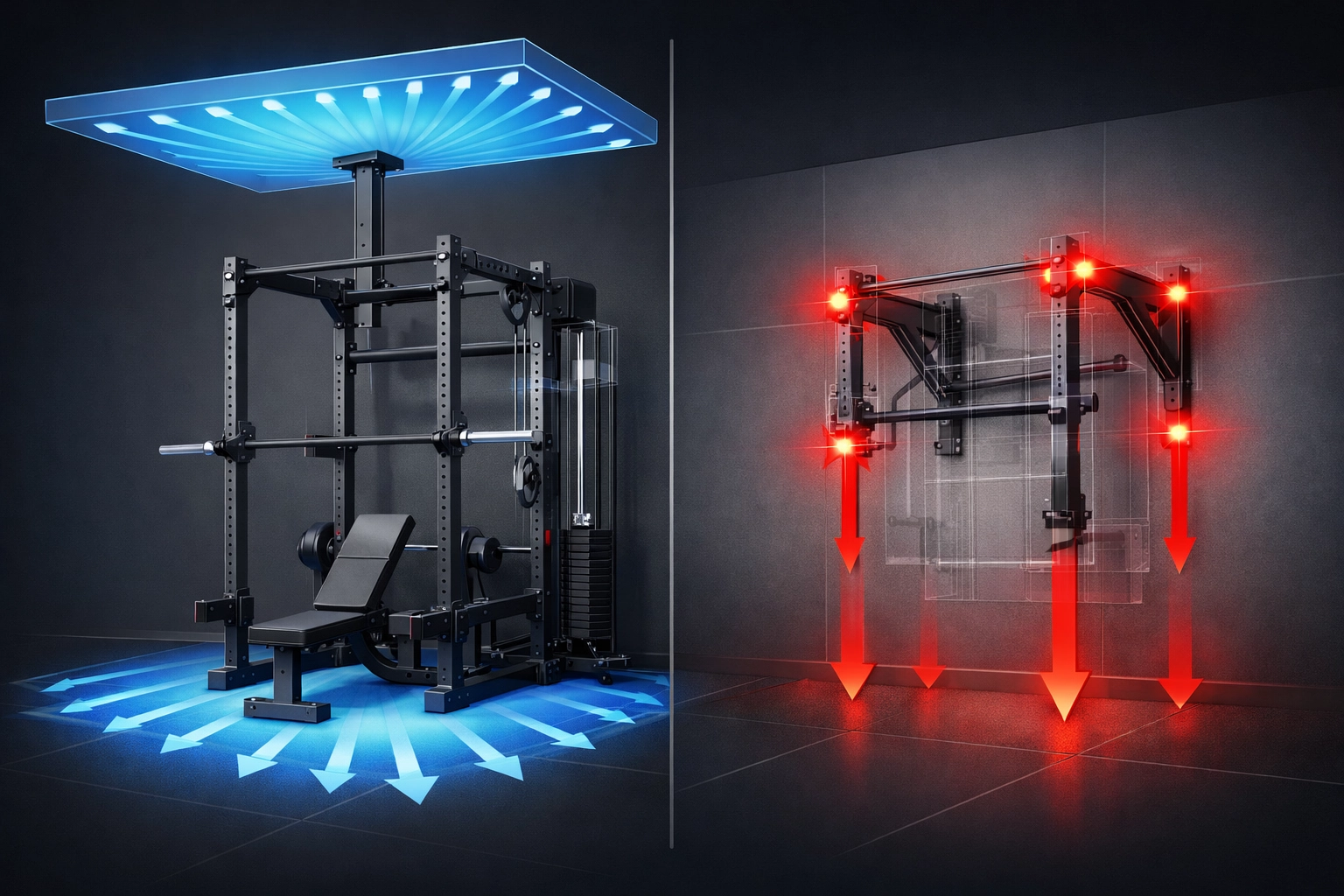 Floor-to-ceiling gym system force distribution compared to wall-mounted equipment