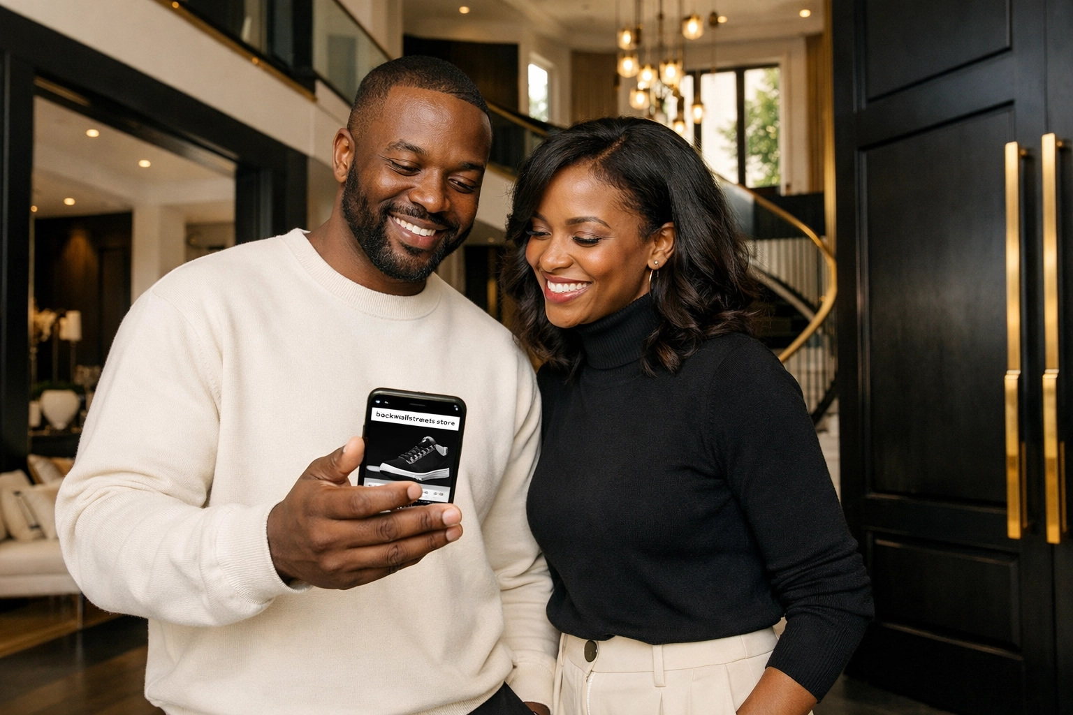 Black couple viewing the Blackwallstreets.store website to make a conscious Buyblack purchase at home.