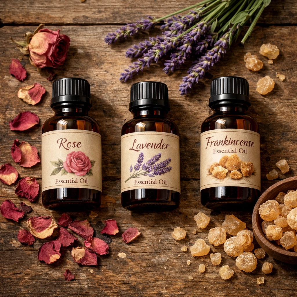 Rose, lavender, and frankincense essential oils with dried herbs for ancestral wellness rituals