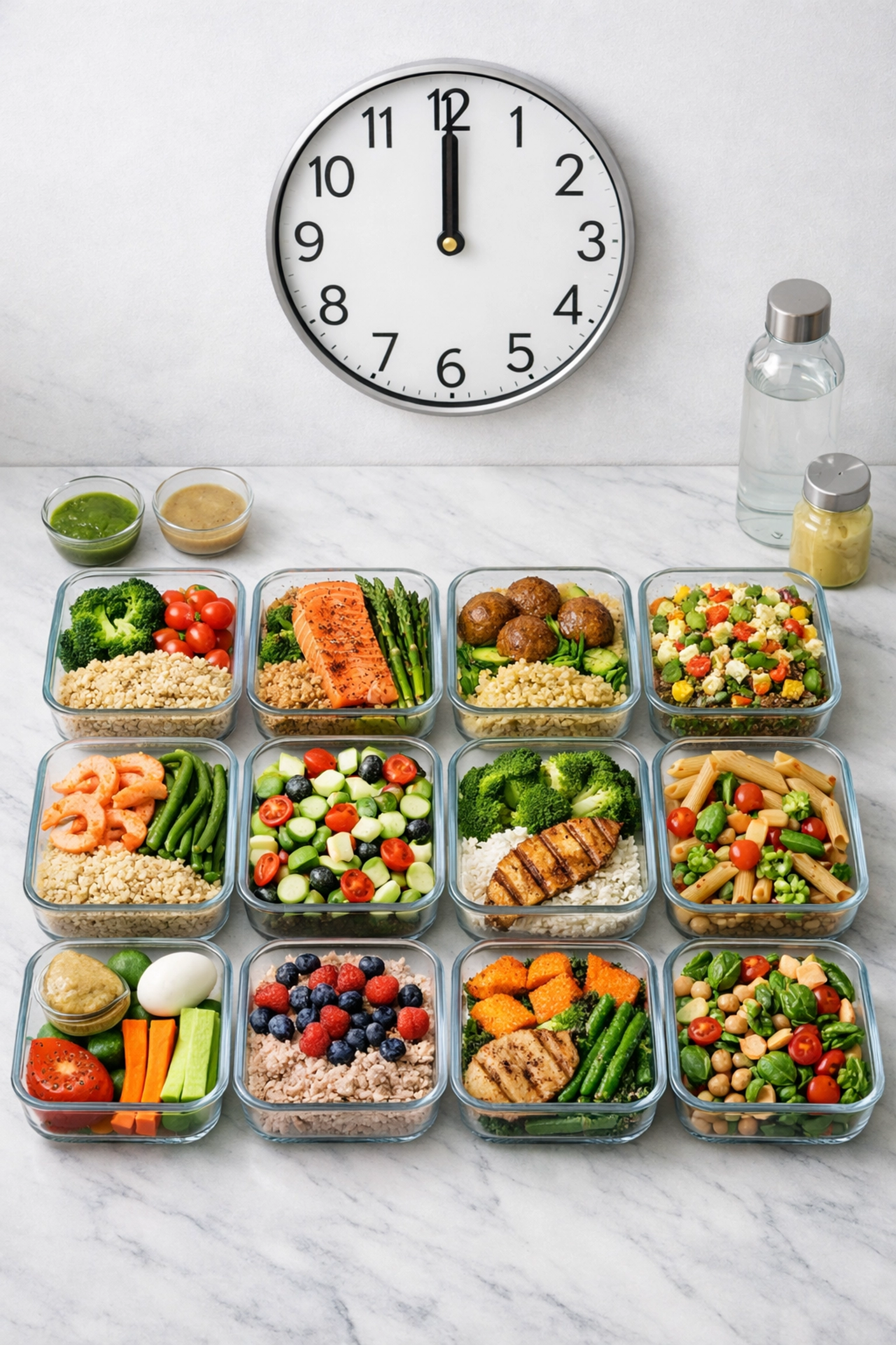 Organized meal prep containers and clock showing regular eating schedule for mood regulation