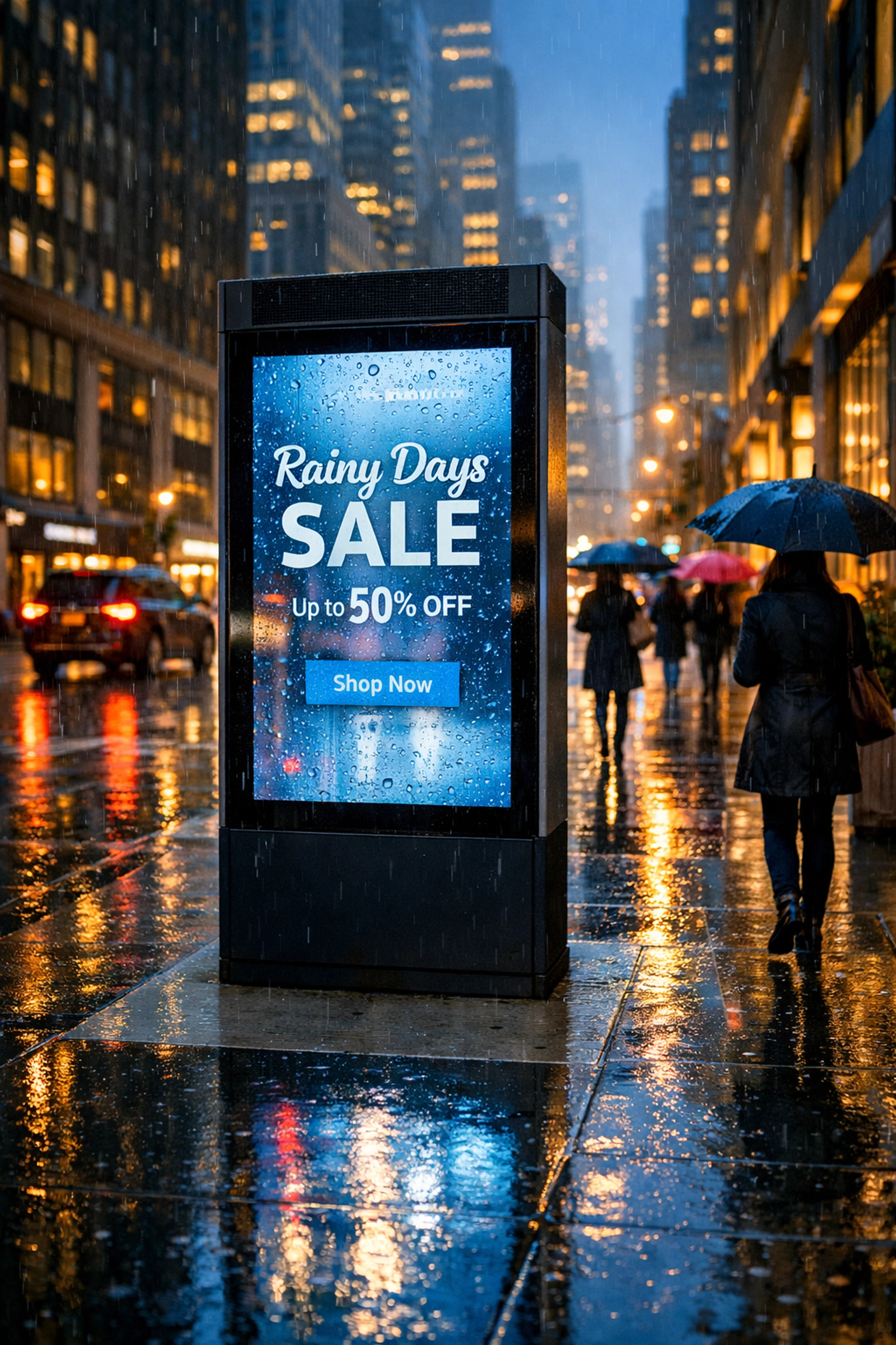 Modern digital DOOH kiosk on a rainy New York City sidewalk showcasing weather-triggered ad content.