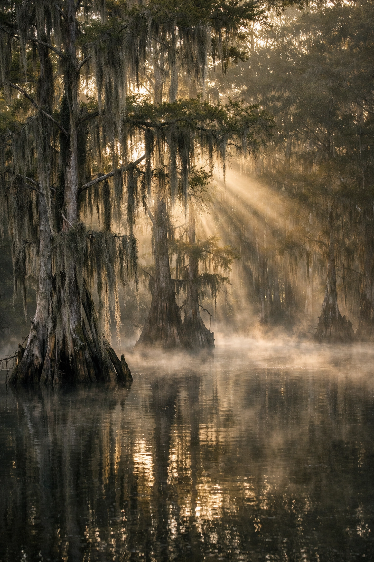 Ethereal photography of foggy Everglades cypress trees at dawn, showcasing natural light in fine art.