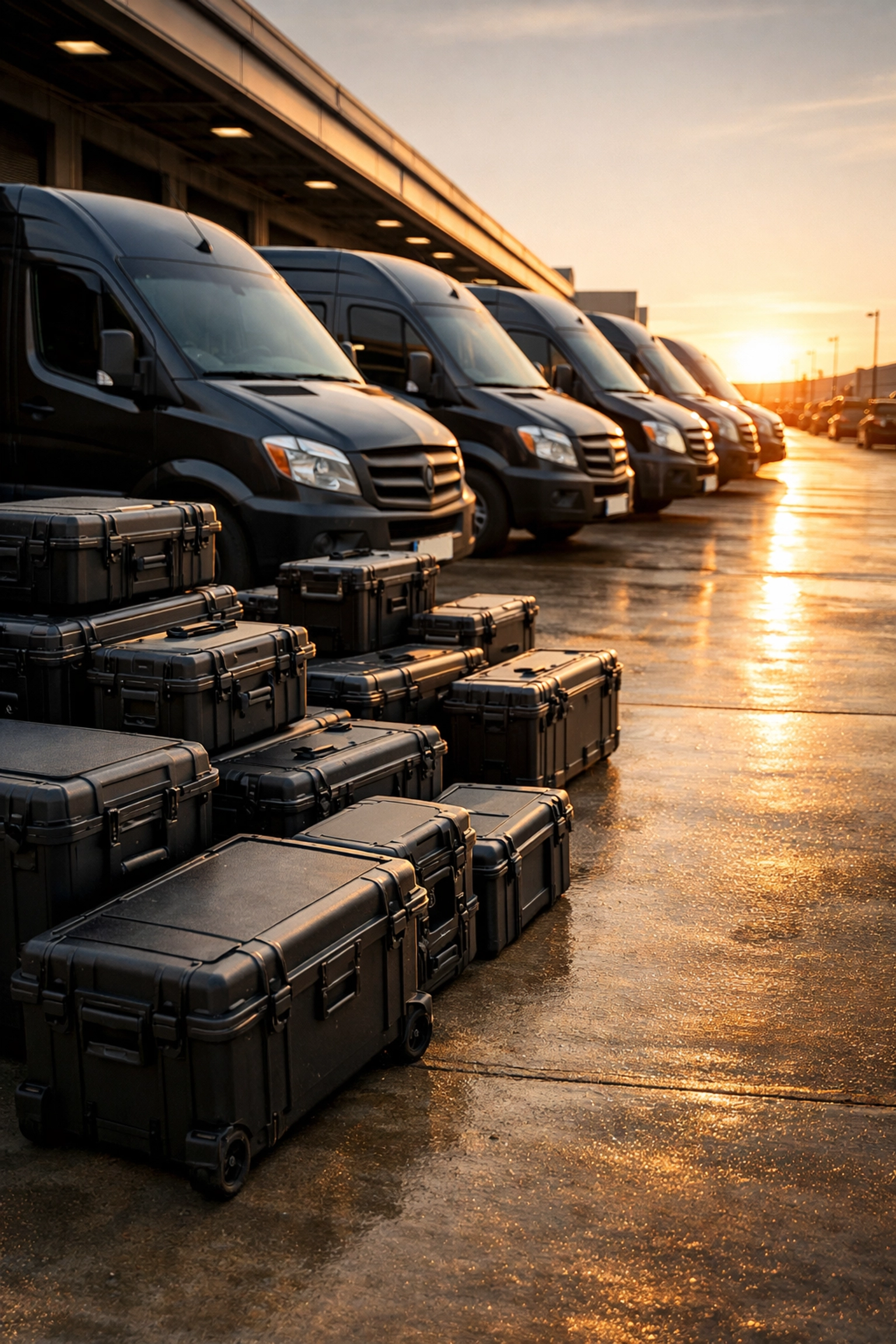 Transport vans and professional media equipment cases organized for global growth logistics.