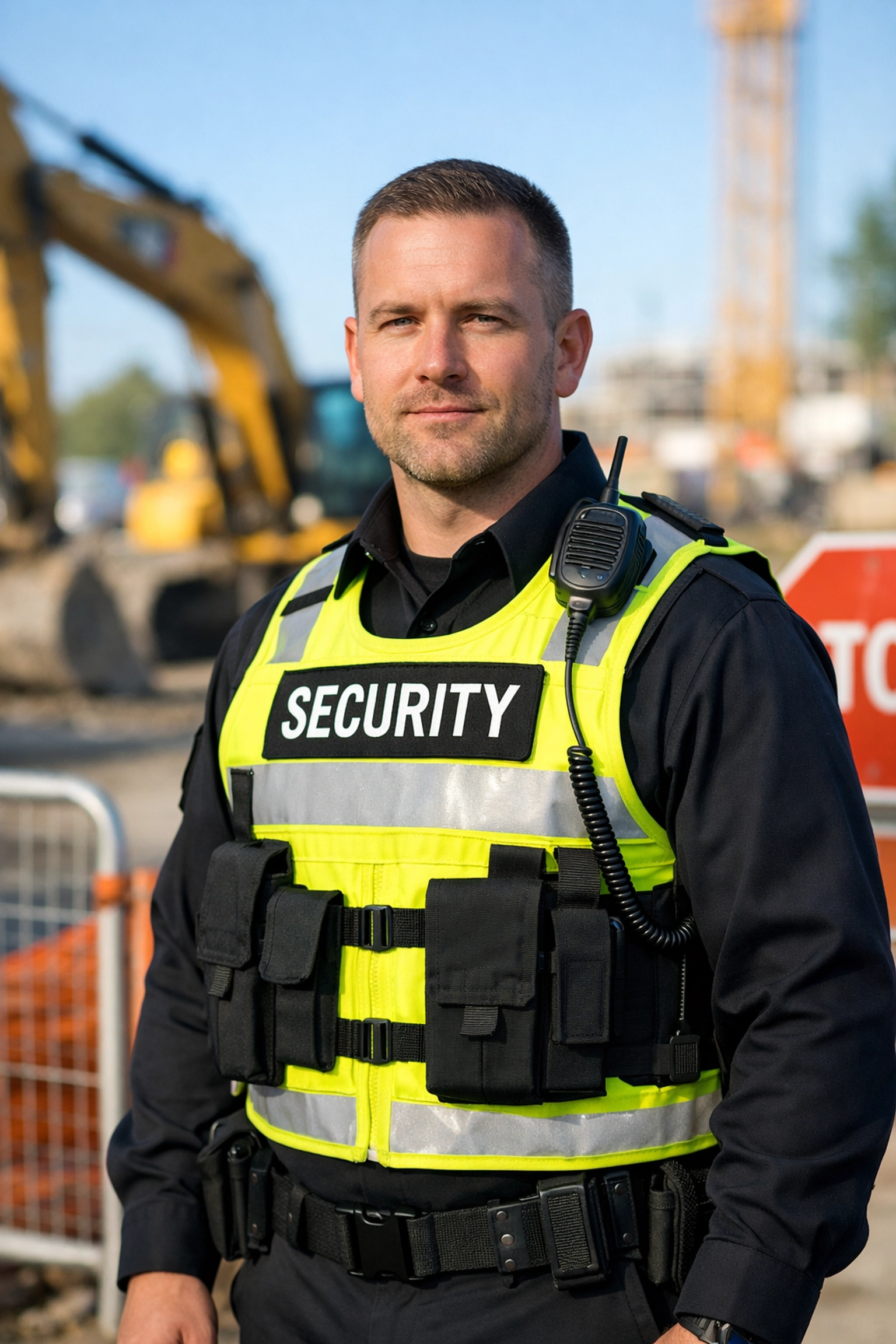 Professional SIA security guard in high-visibility vest monitoring a construction site entrance.