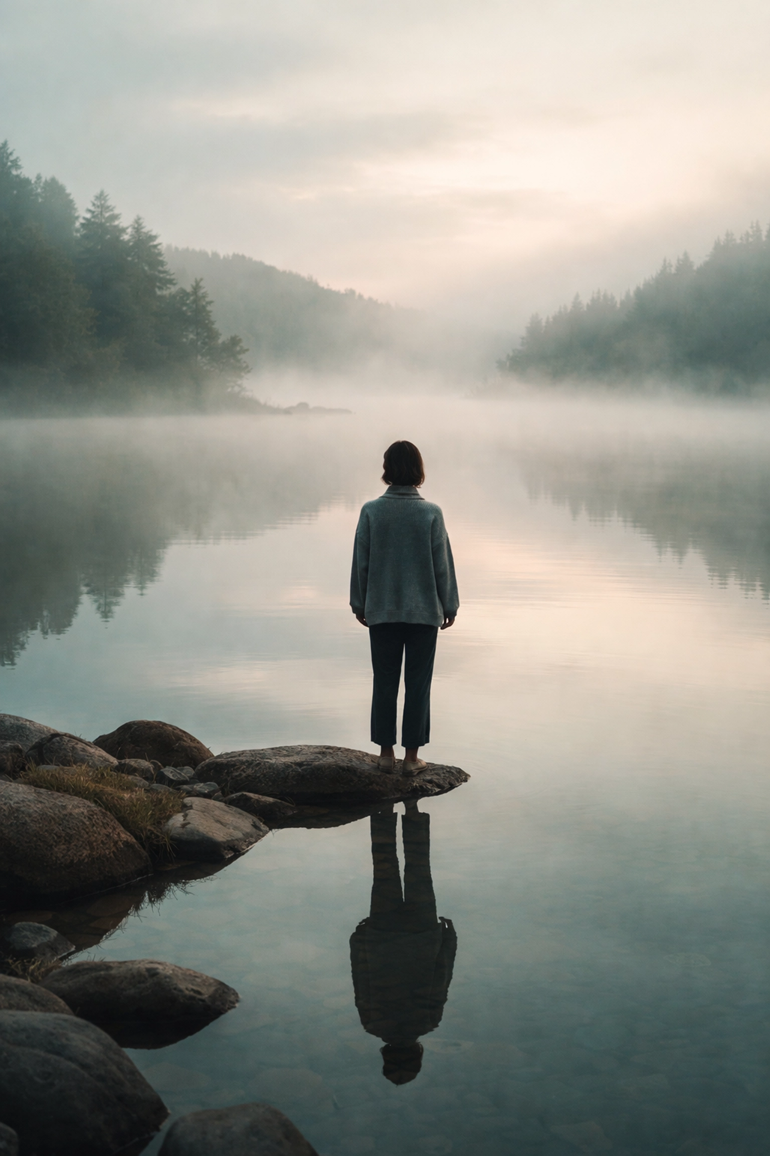 Person reflecting at dawn by a calm misty lake, symbolizing self-discovery and finding your inner anchor