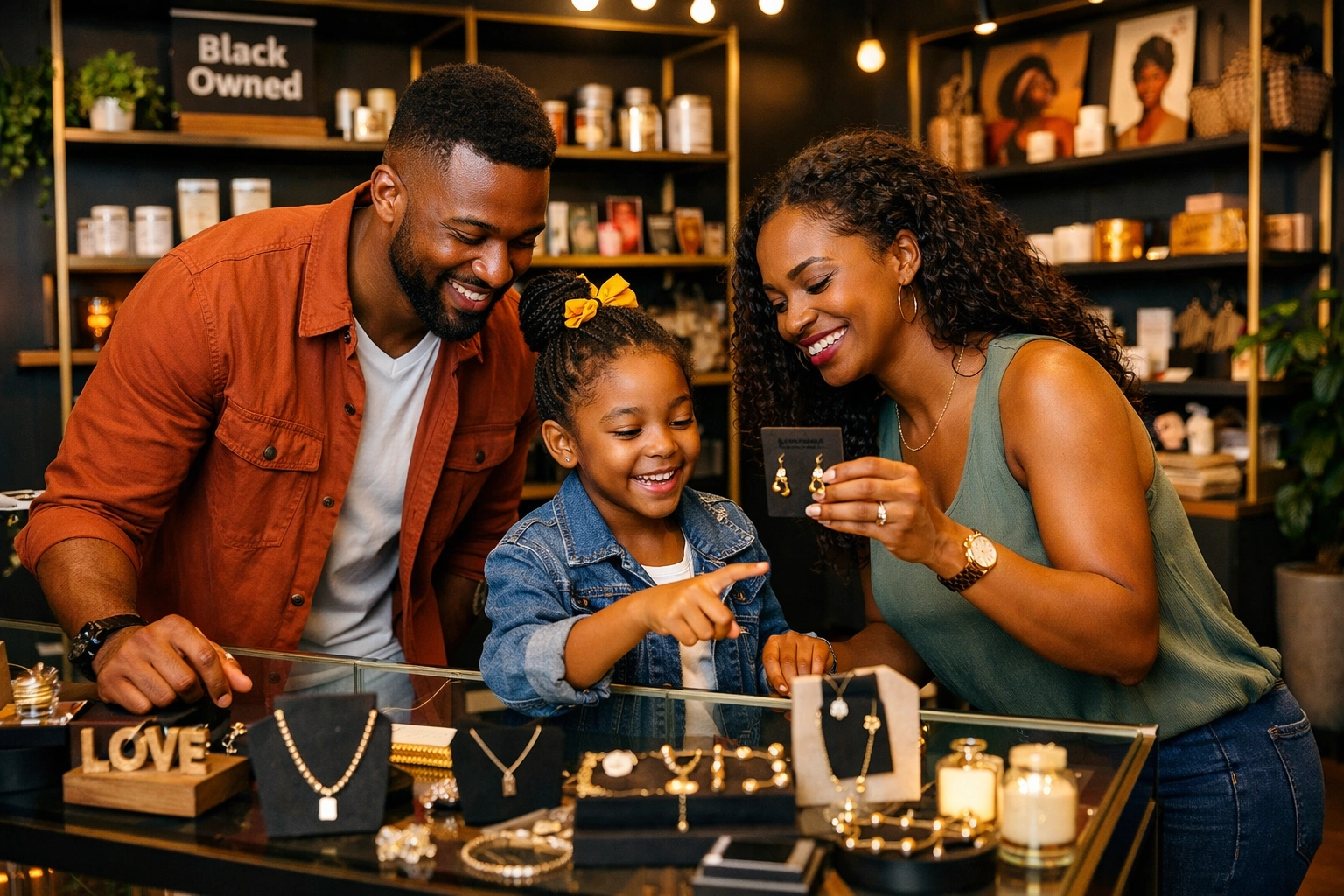 Family shopping at Black-owned jewelry boutique during Black History Month celebration