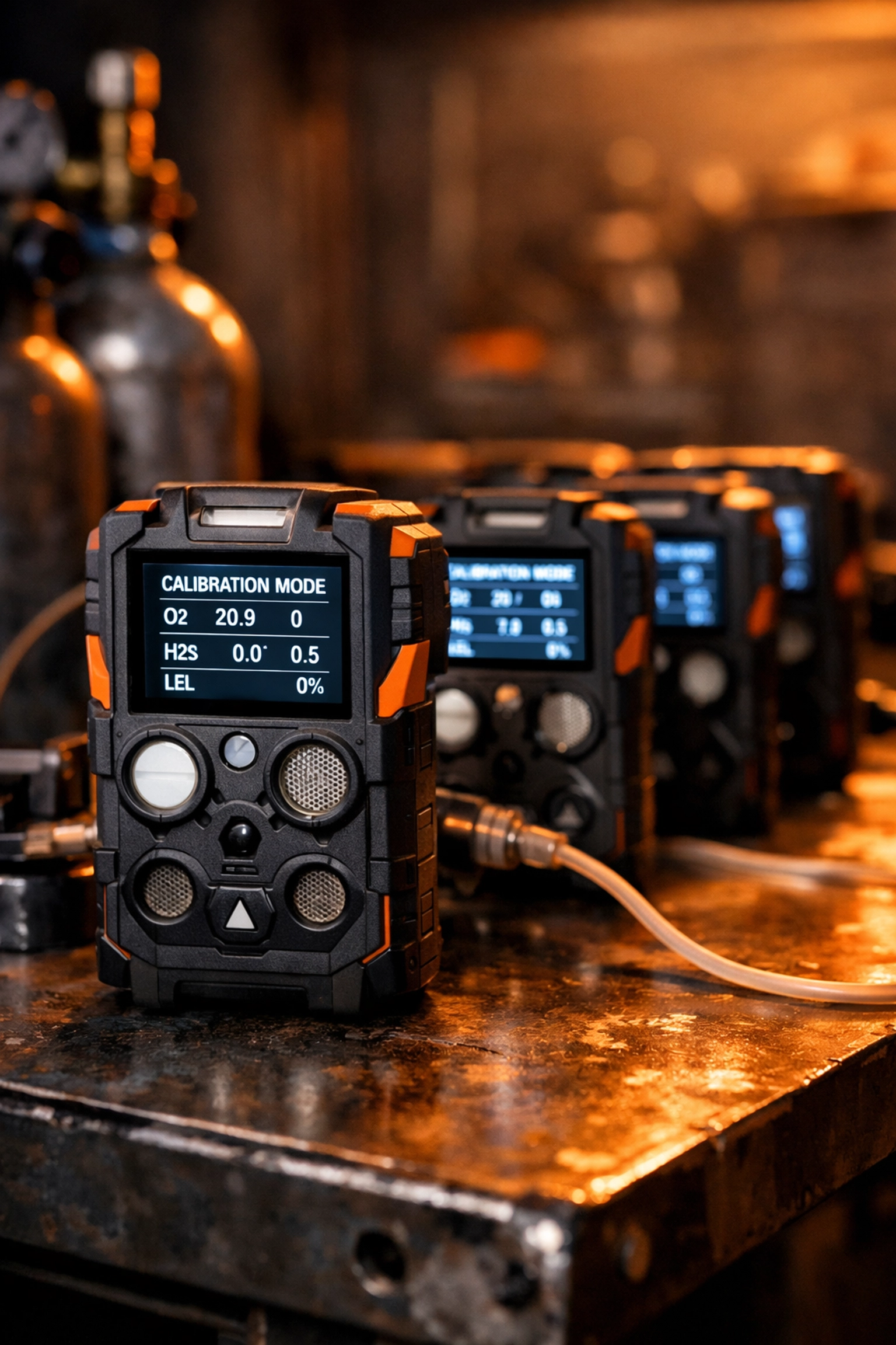 Dräger gas sensors and multi-gas monitors on a workbench for professional calibration in Fort Wayne.