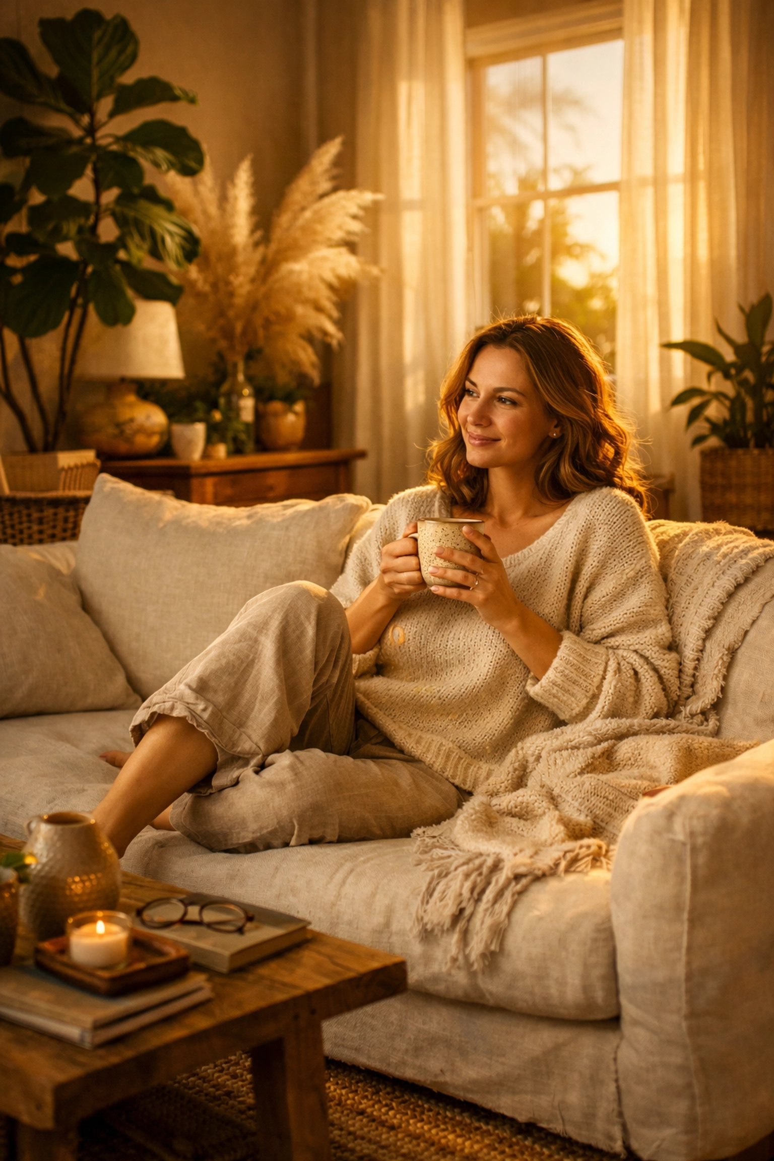 A woman relaxing in her healthy, toxic-free home after switching to a wellness membership.