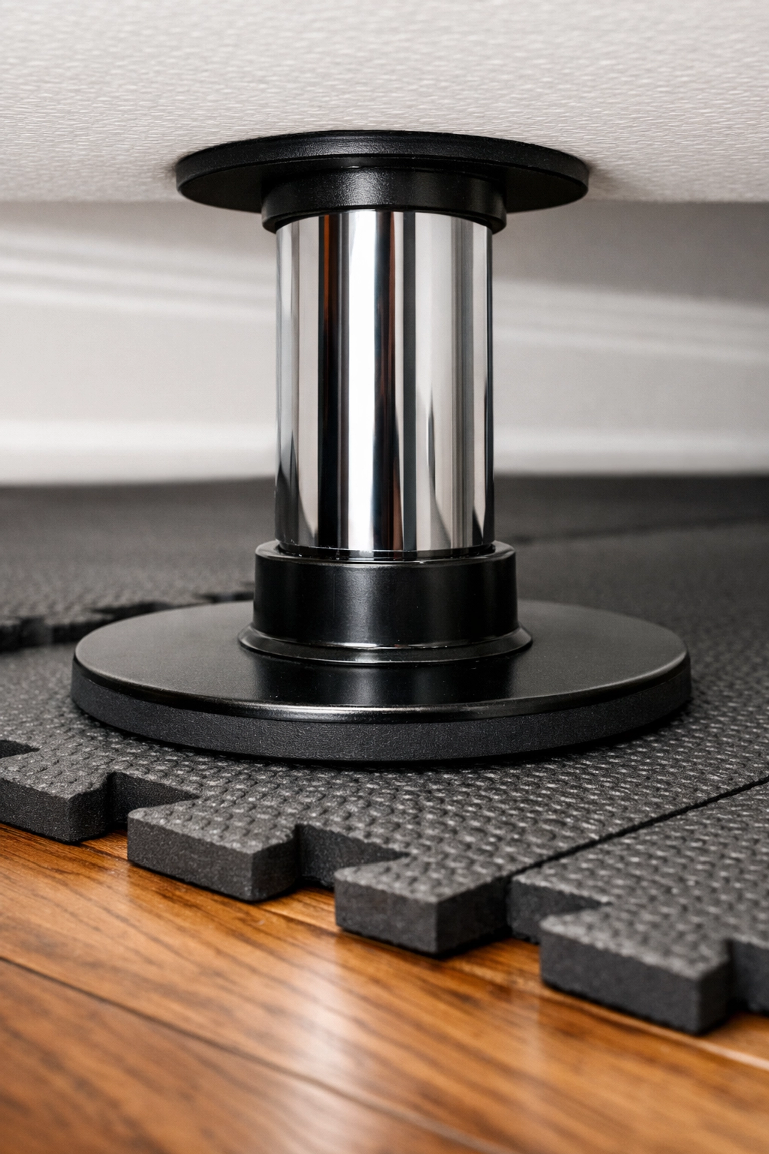 Protective gym mats under tension pole in rental apartment to prevent damage