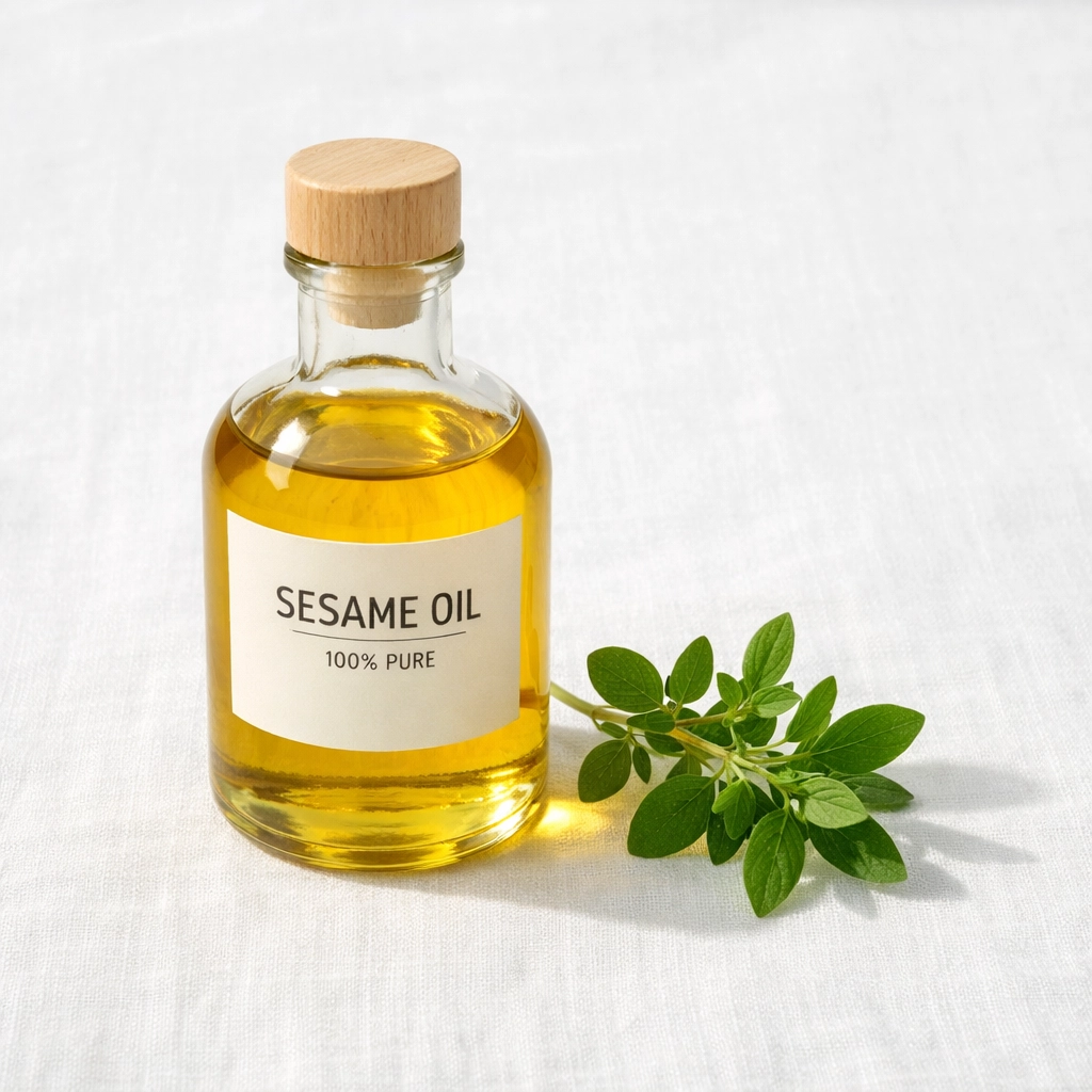 Natural Moroccan sesame oil bottle with green herbs representing pure organic quality.