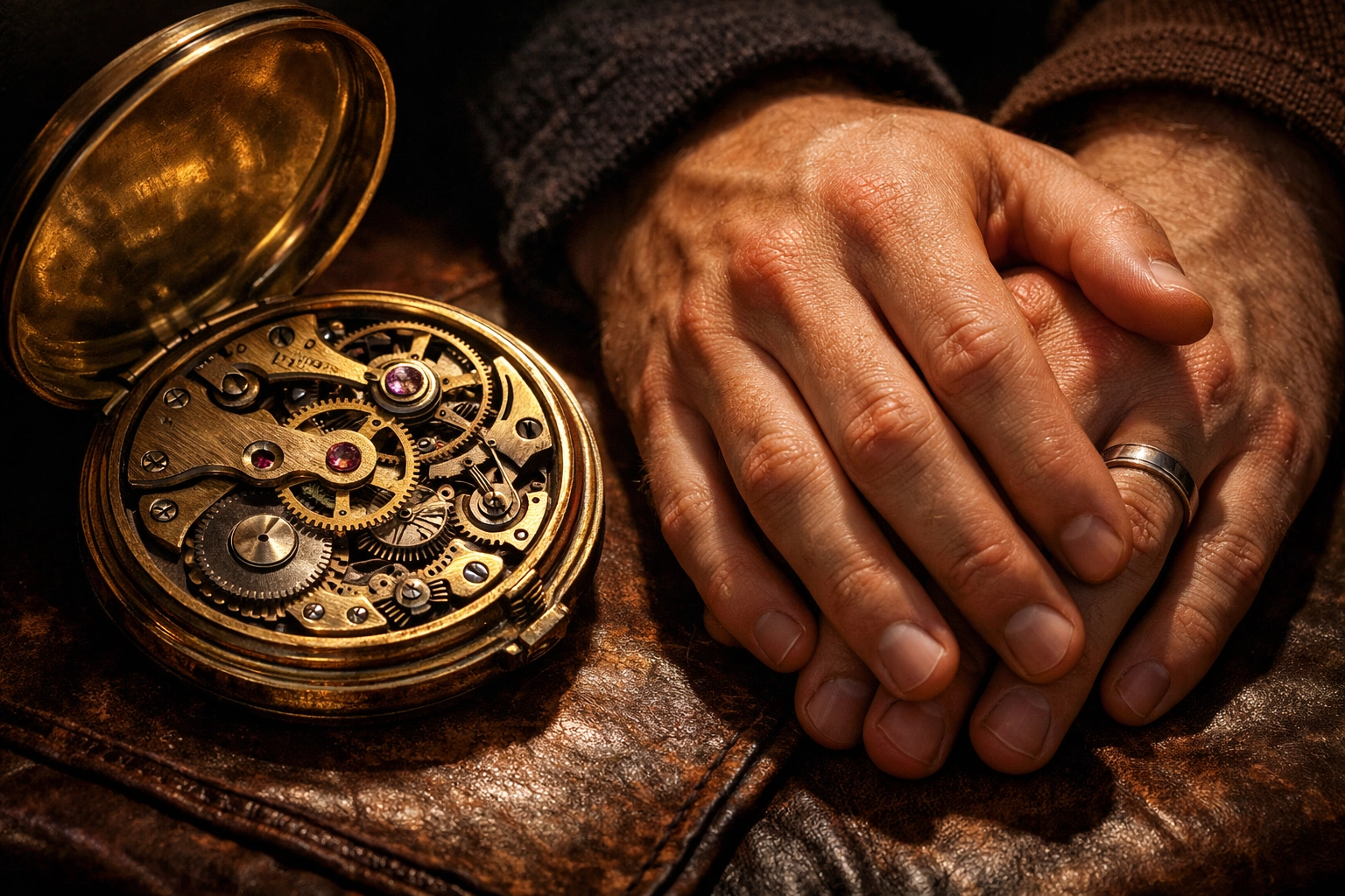 Antique pocket watch with two men's hands nearly touching in Swiss watchmaker's tale