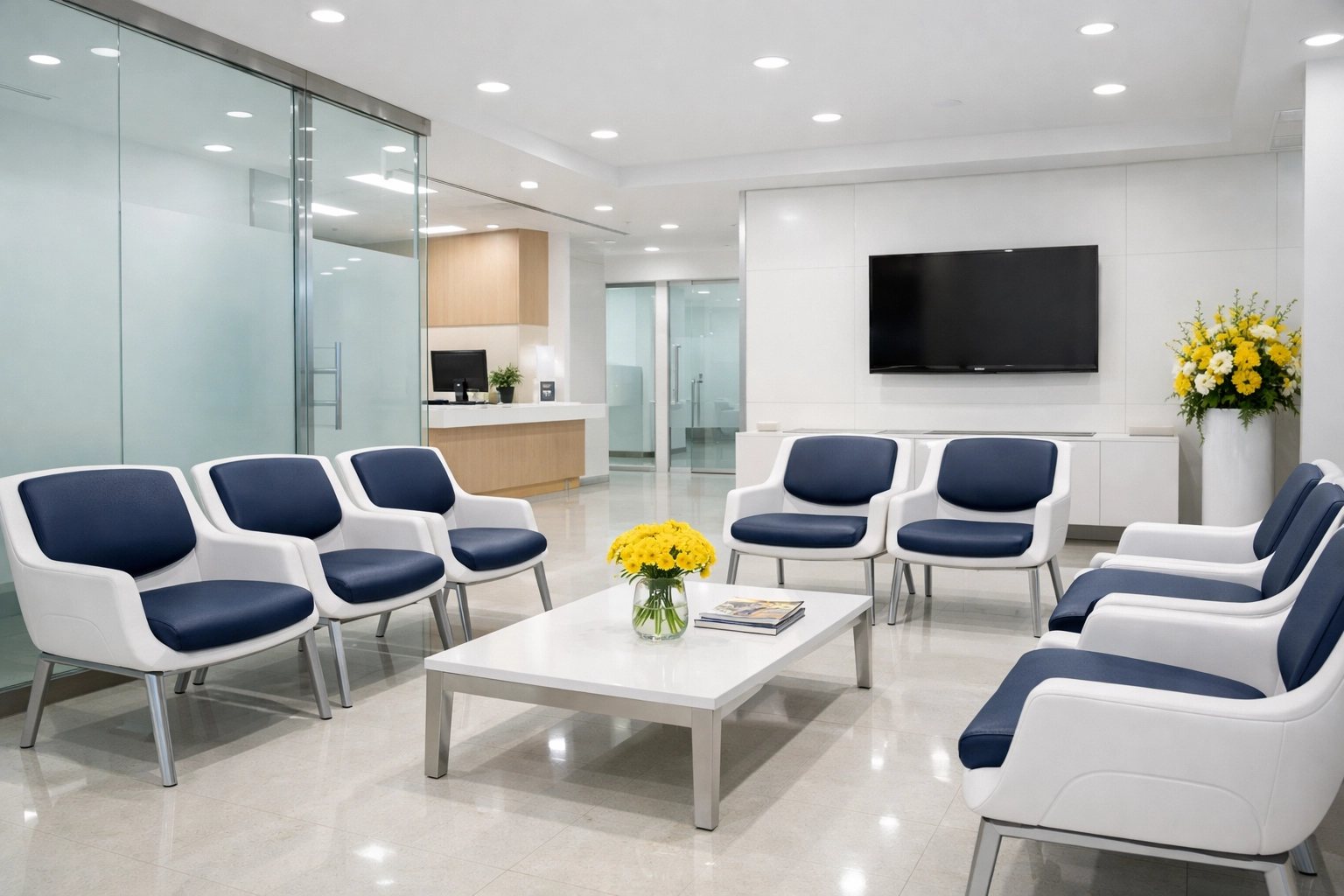 Clean and sanitized medical office waiting room in Chelmsford reflecting high standards of clinical hygiene.