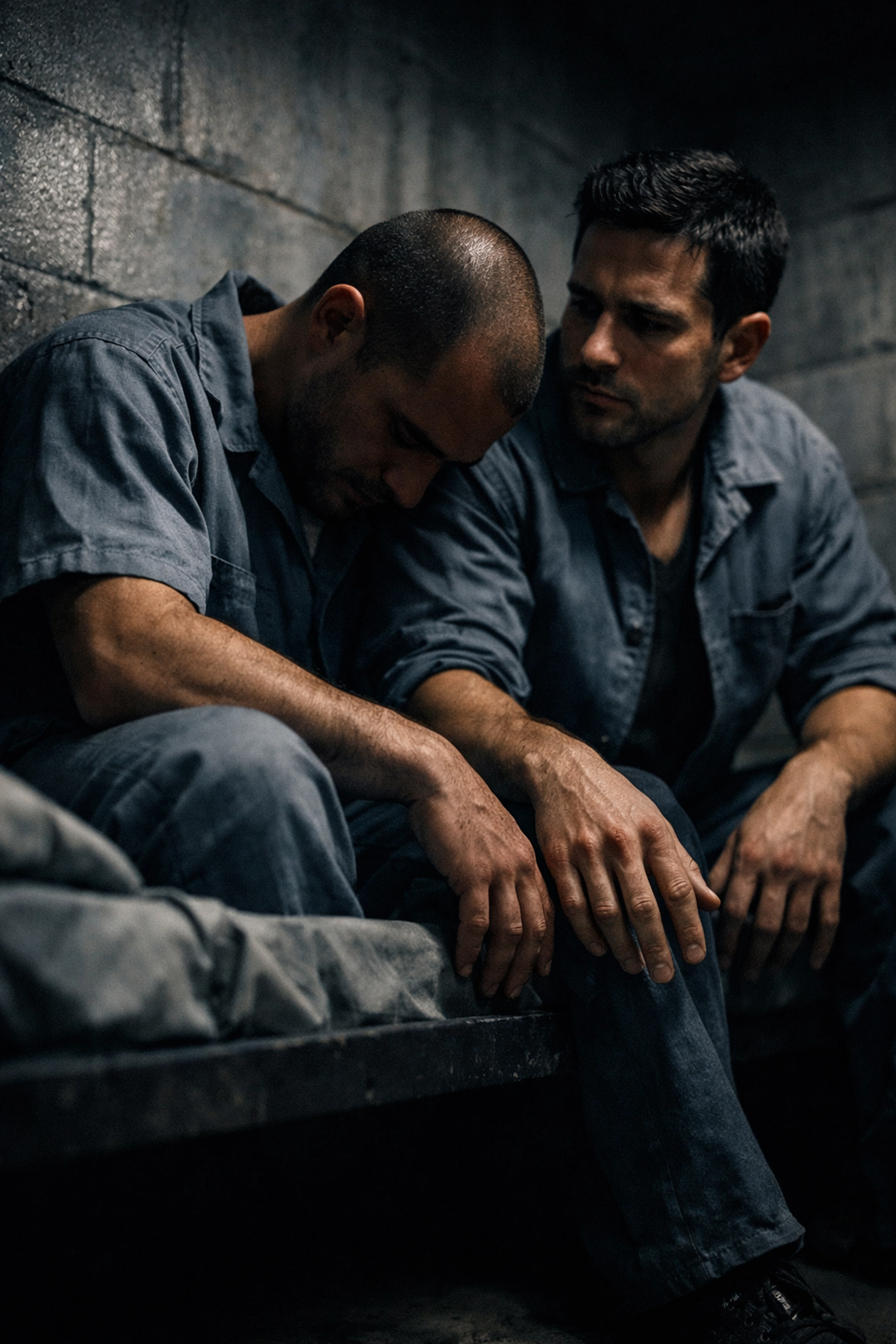 Two gay men sharing intimate moment on prison bunk bed showing emotional connection and vulnerability