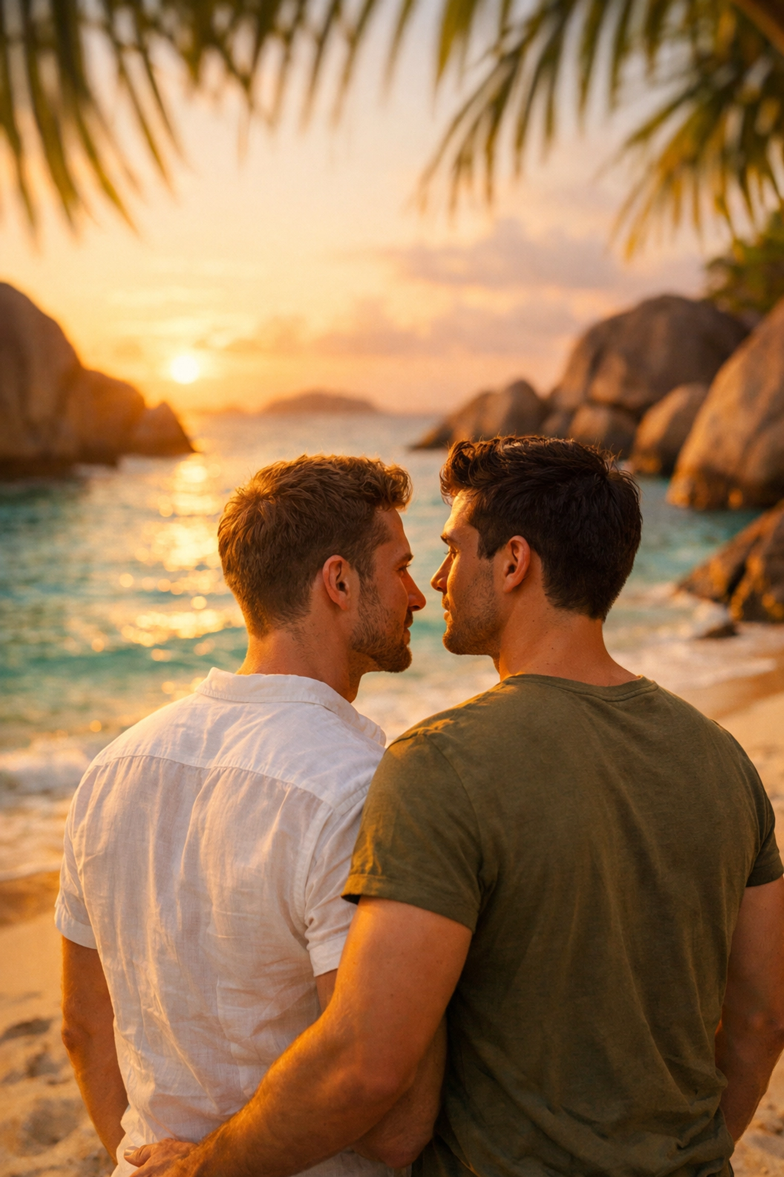 Two men in romantic embrace on Seychelles beach at sunset - MM romance paradise