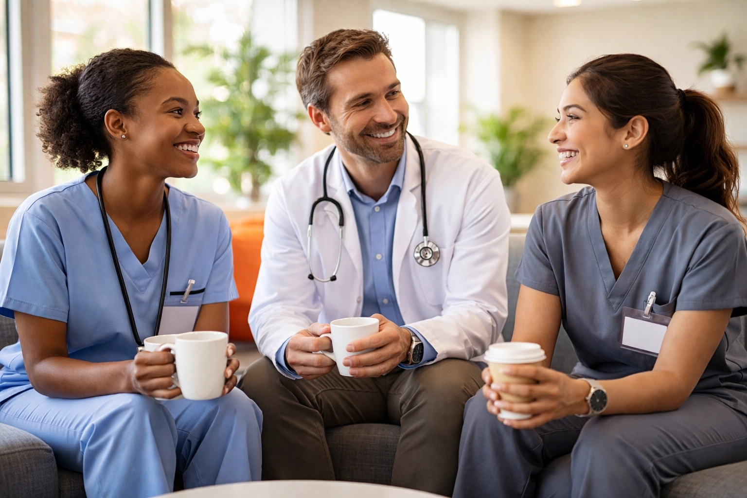 Healthcare workers from multiple disciplines enjoying a relaxed break together in a modern hospital lounge, highlighting clinician wellness
