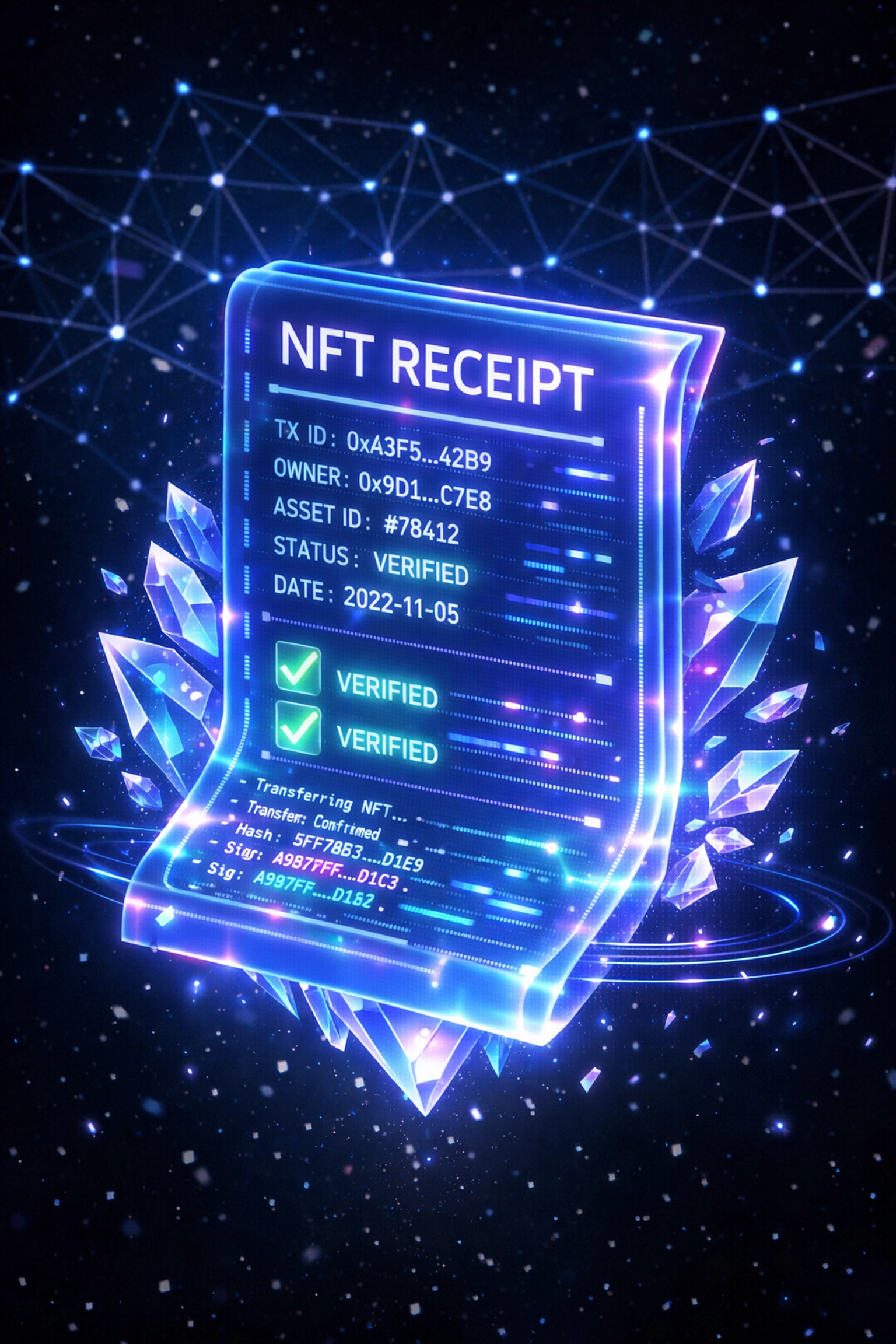 Blockchain NFT receipt showing verified social impact tax allocation and transaction transparency