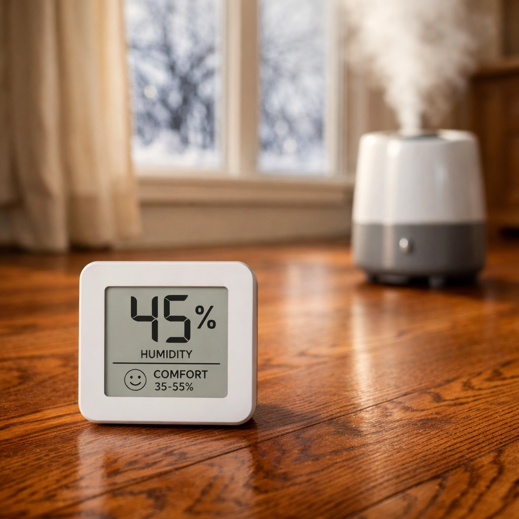 Humidity monitor and humidifier maintaining proper levels for Chicago hardwood floor refinishing