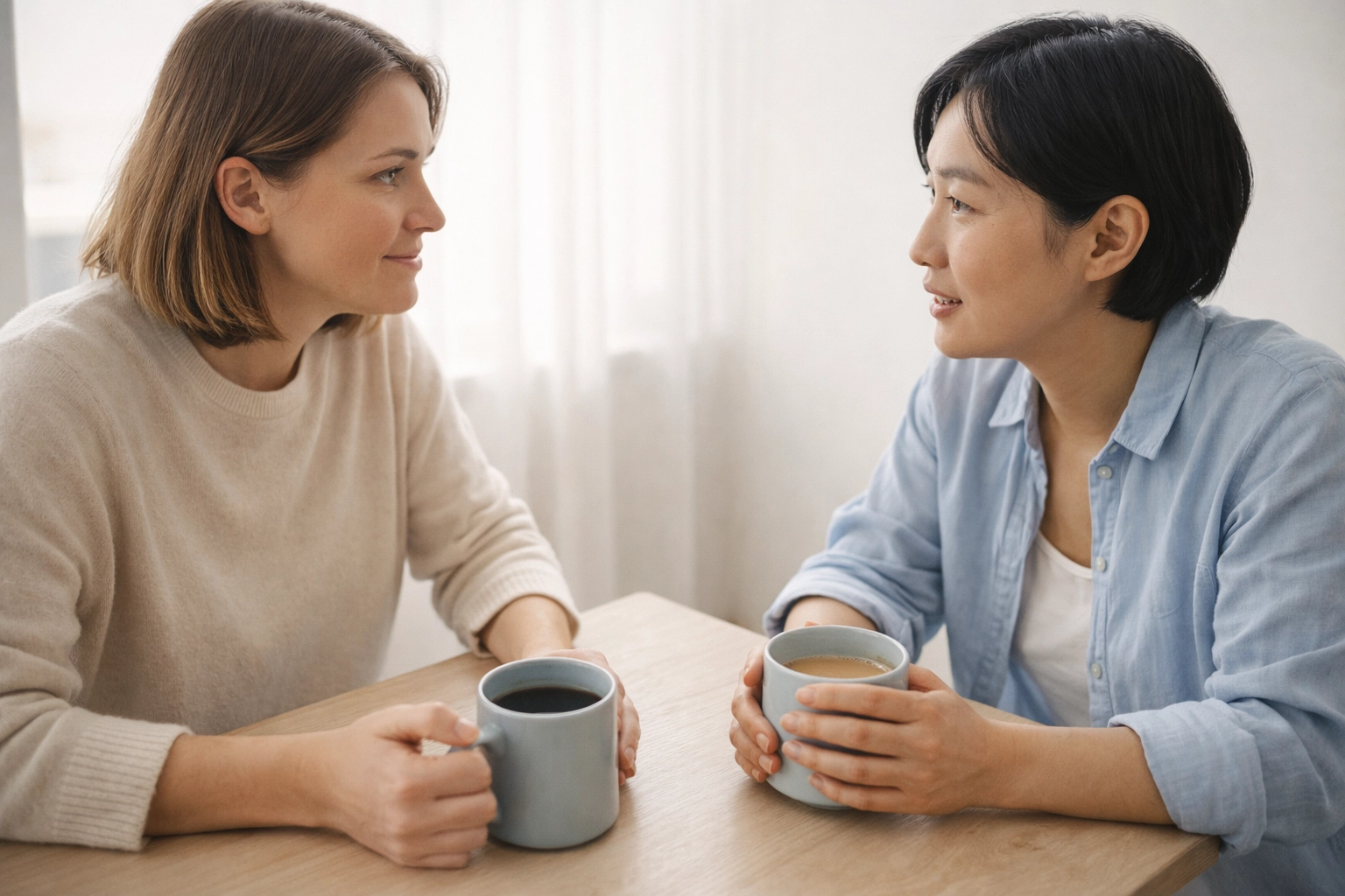 Two people having honest conversation over coffee representing accountability in peer support