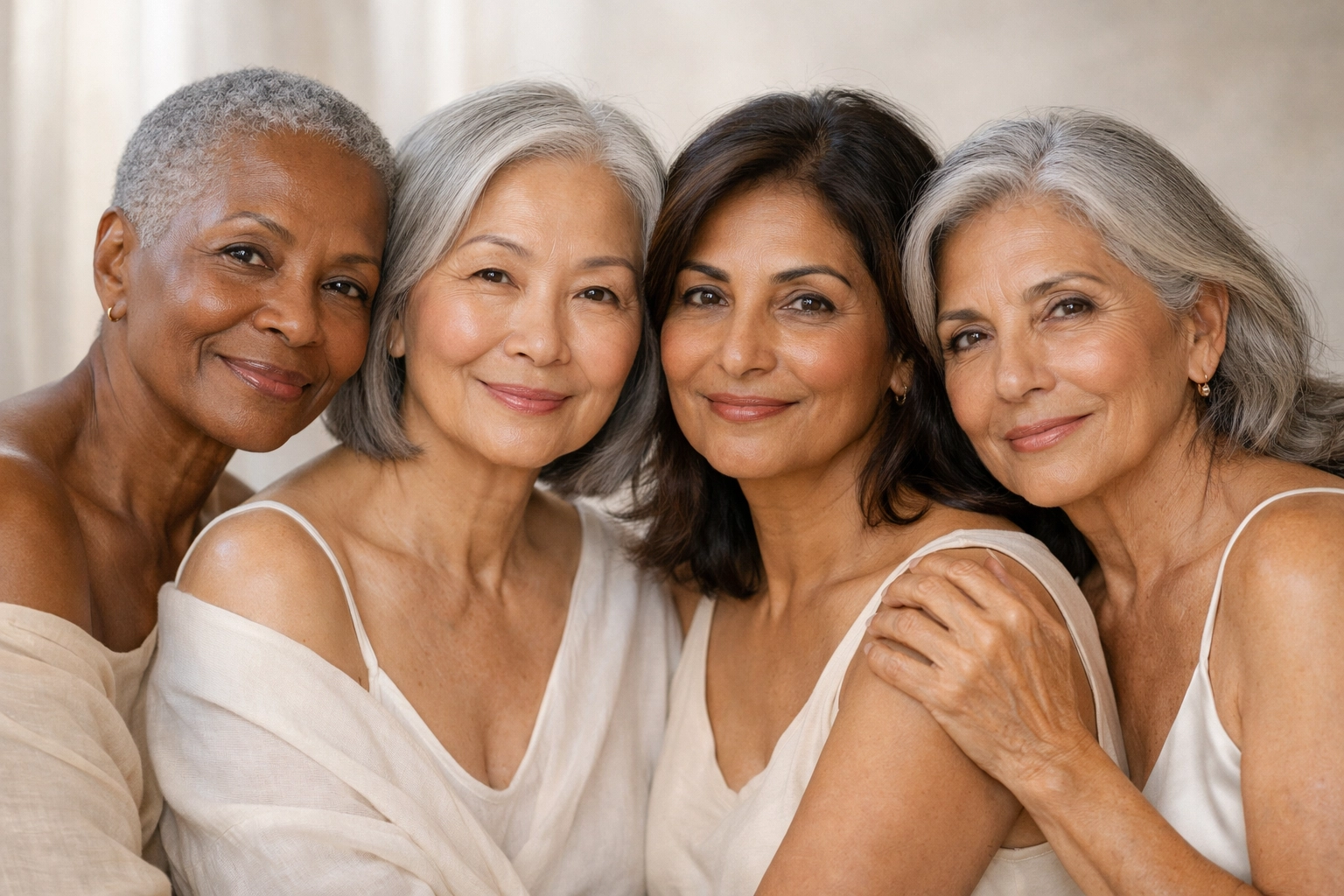 Diverse women in their 70s with melanin-rich skin, including African American, Asian, Indian, and Latina women, with soft, radiant, mature skin and graceful presence.